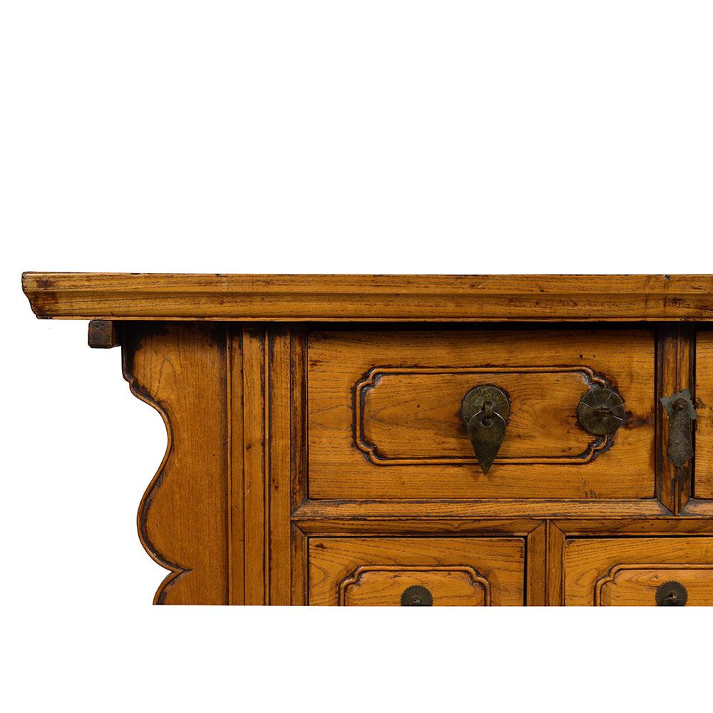 Elm 19th Century Chinese Carved 5 Drawers Shan XI Console Table For Sale