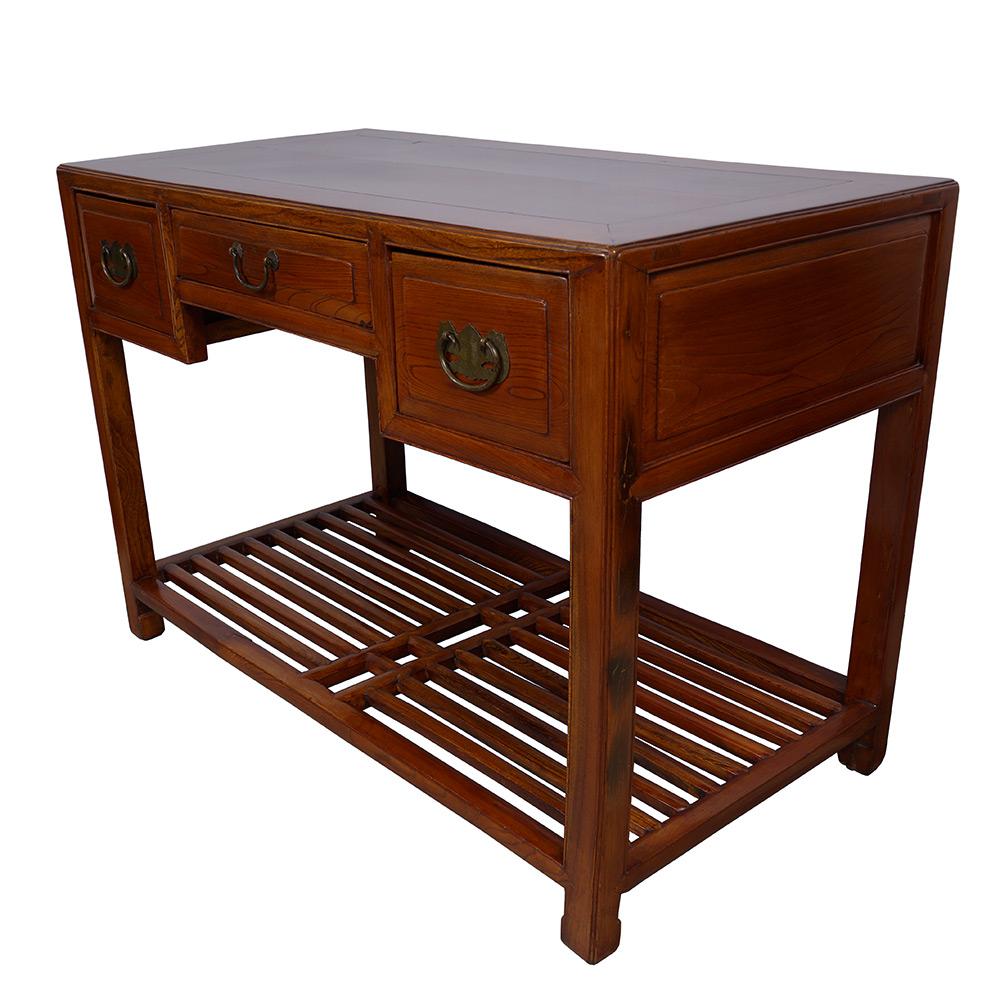 This unique writing desk has a multitude of drawers in the front and both sides and back are nicely finished. This desk was made at about 1860's from solid beech wood with natural finished. It is very heavy and sturdy. There is a lattice foot rest