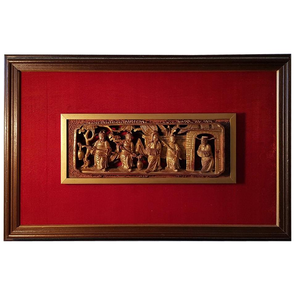 19th Century Chinese Carved Gilded Wooden Panel with Officials For Sale