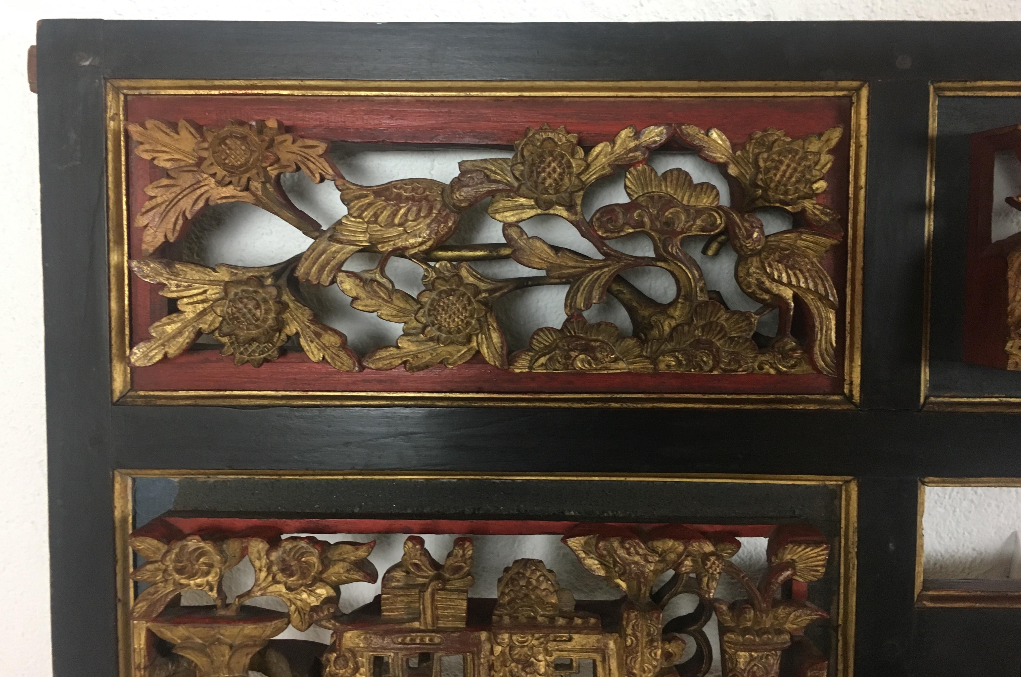 Superb large Chinese hand carved giltwood figural red lacquered panel dating from the 19th century. This was originally part of an antique wedding bed frame. 

This exceptionally fine panel is carved in deep relief, three dimensional. Extremely