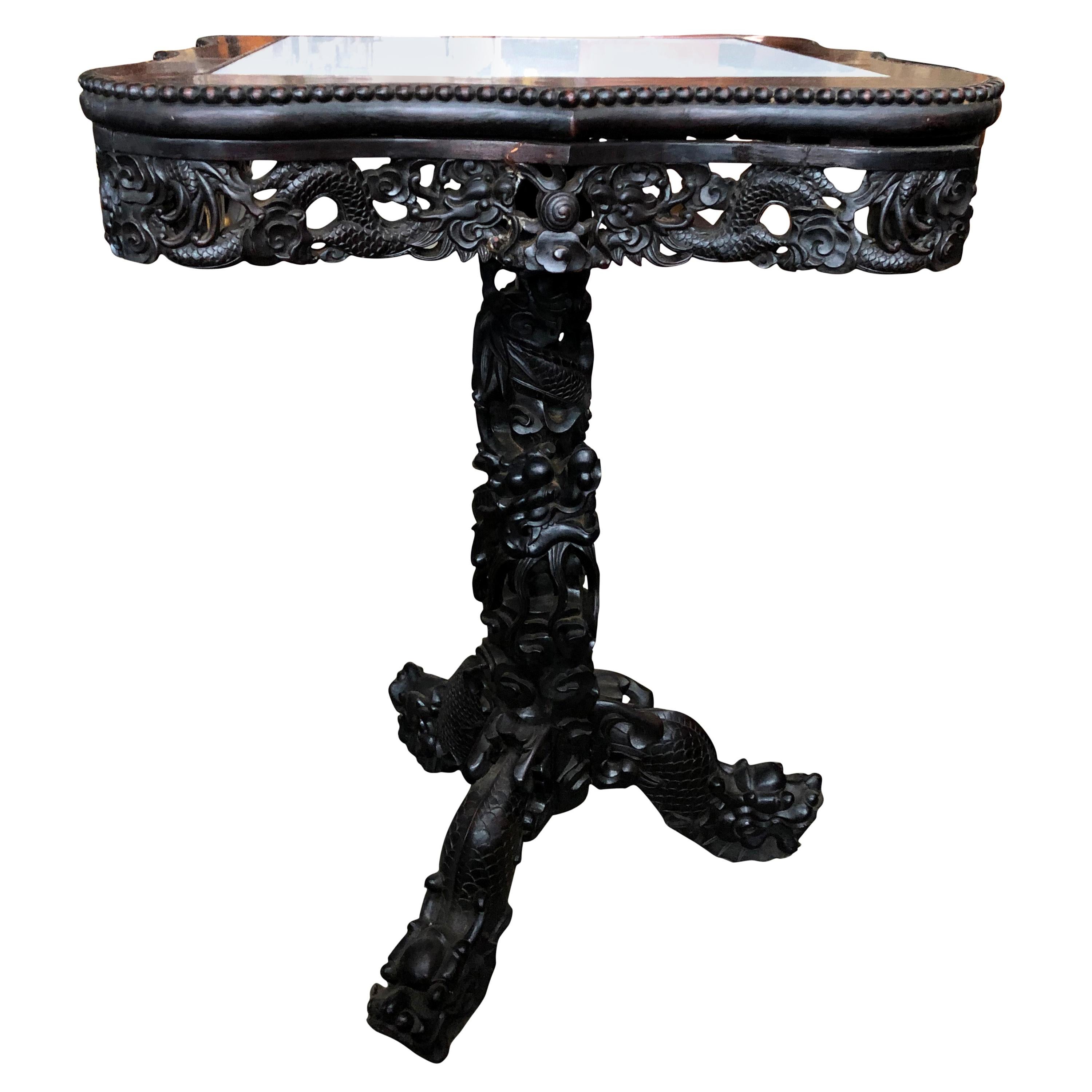 19th Century Chinese Carved Hardwood Center Table with Marble Top For Sale