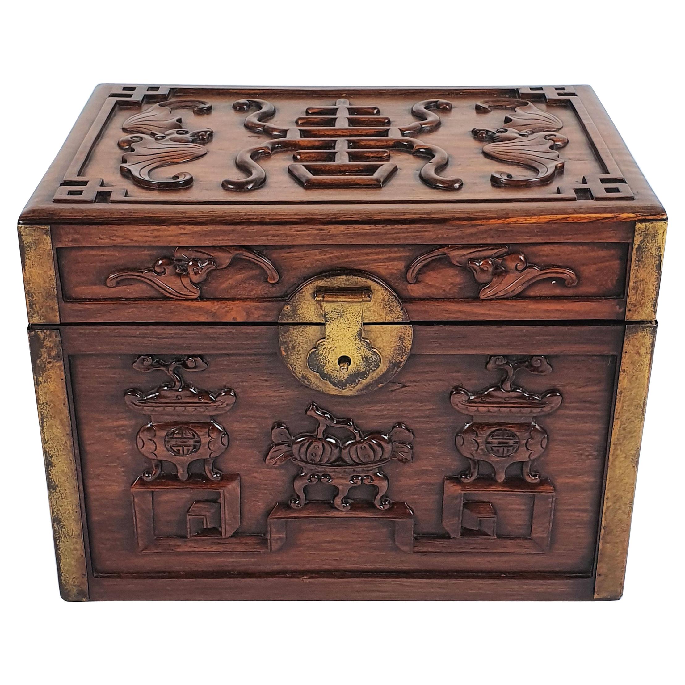 19th Century Chinese Carved Hardwood Documents Box For Sale