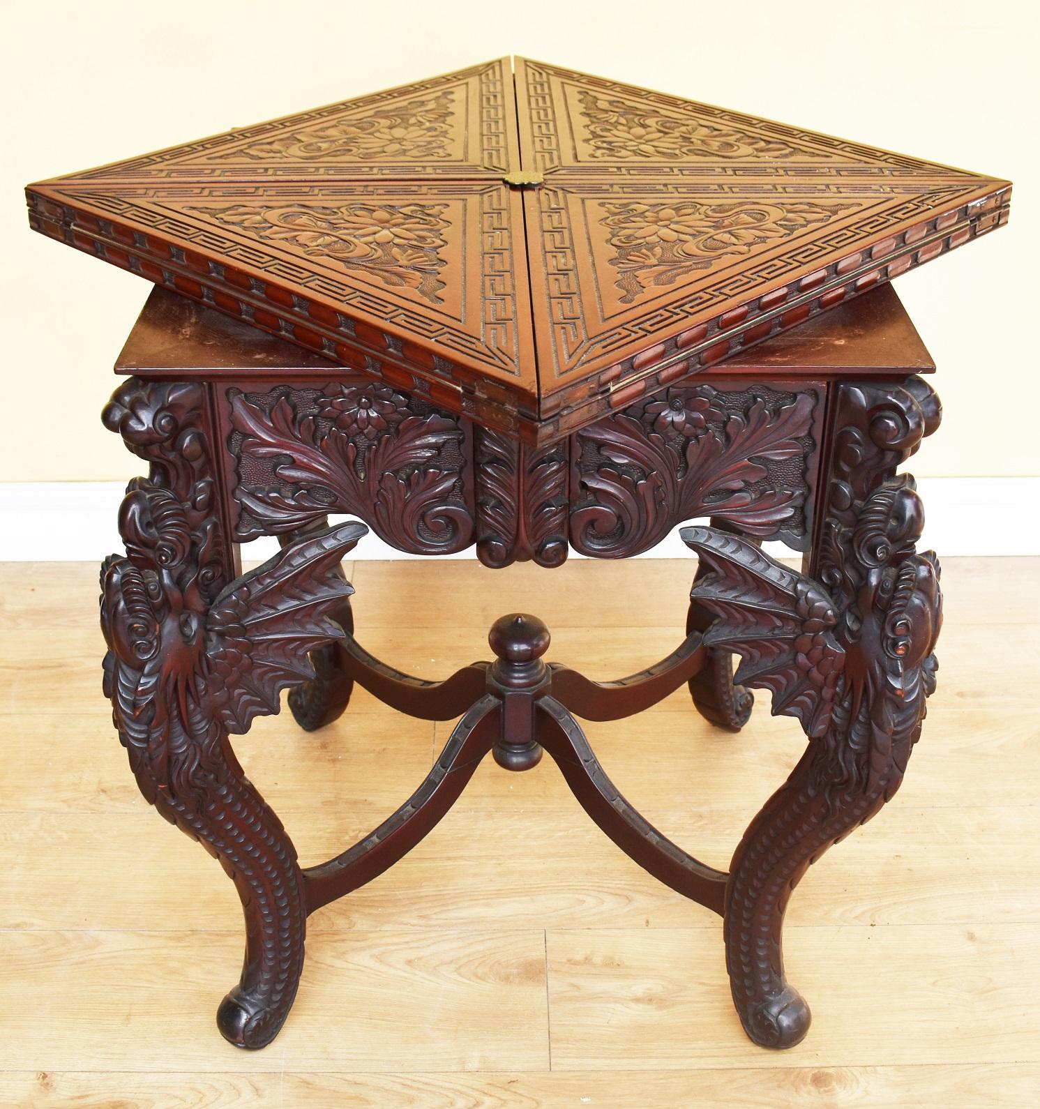 19th Century Chinese Carved Hardwood Envelope Card Table In Good Condition In Chelmsford, Essex