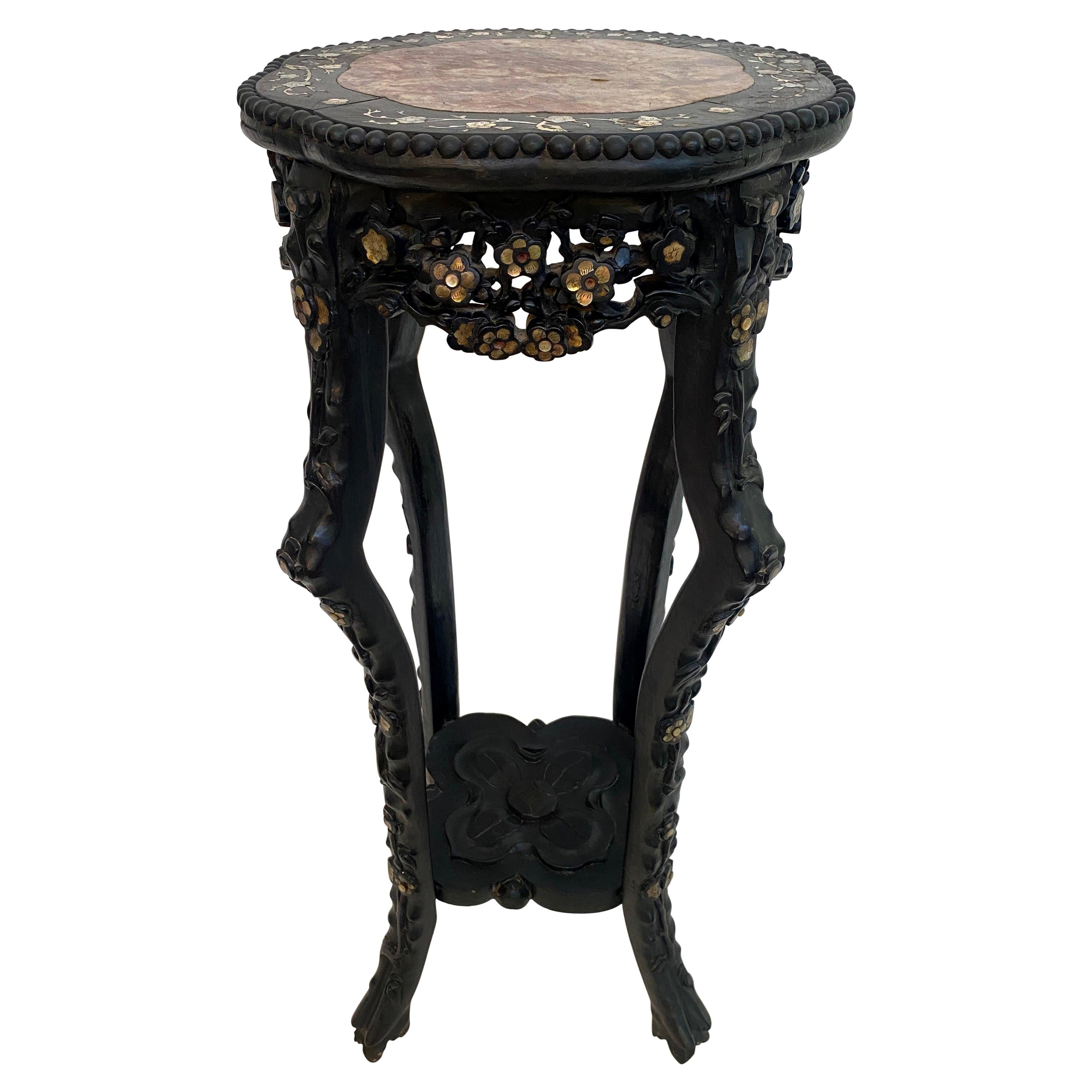 19th Century Chinese Carved Hardwood Flower Stands Marble-Top Insert For Sale