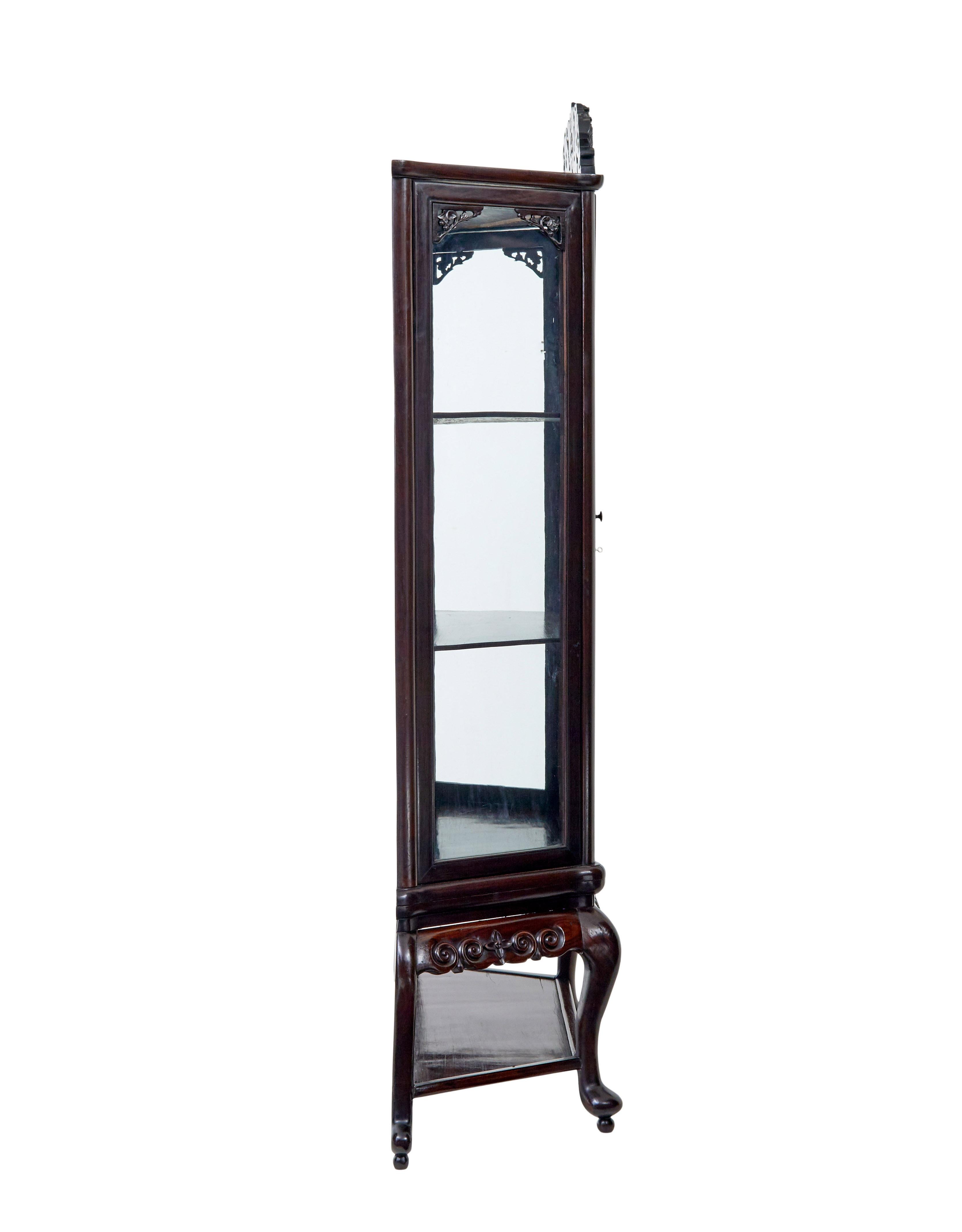 19th century Chinese carved hardwood glazed display cabinet In Good Condition For Sale In Debenham, Suffolk