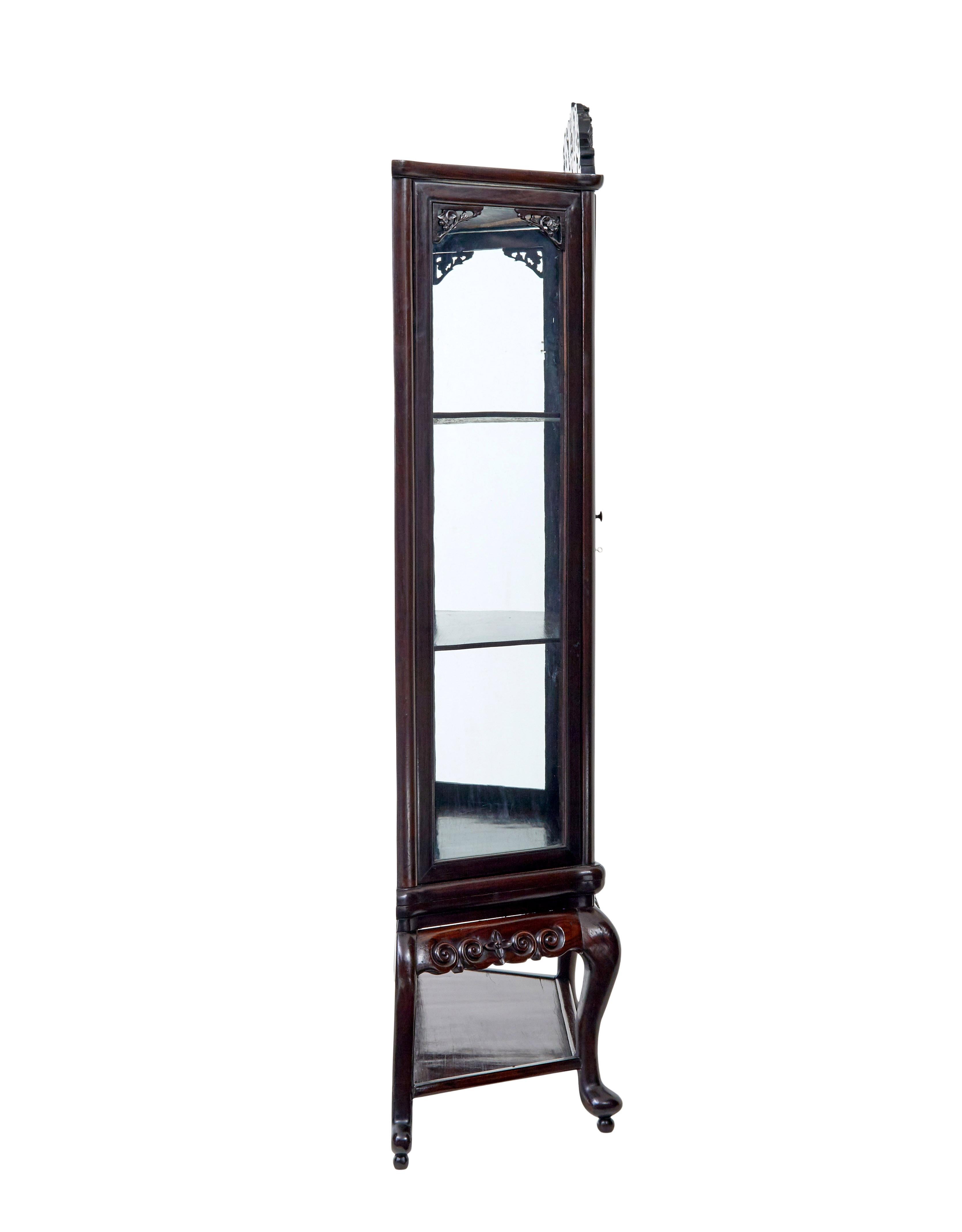 19th century Chinese carved hardwood glazed display cabinet In Good Condition For Sale In Debenham, Suffolk