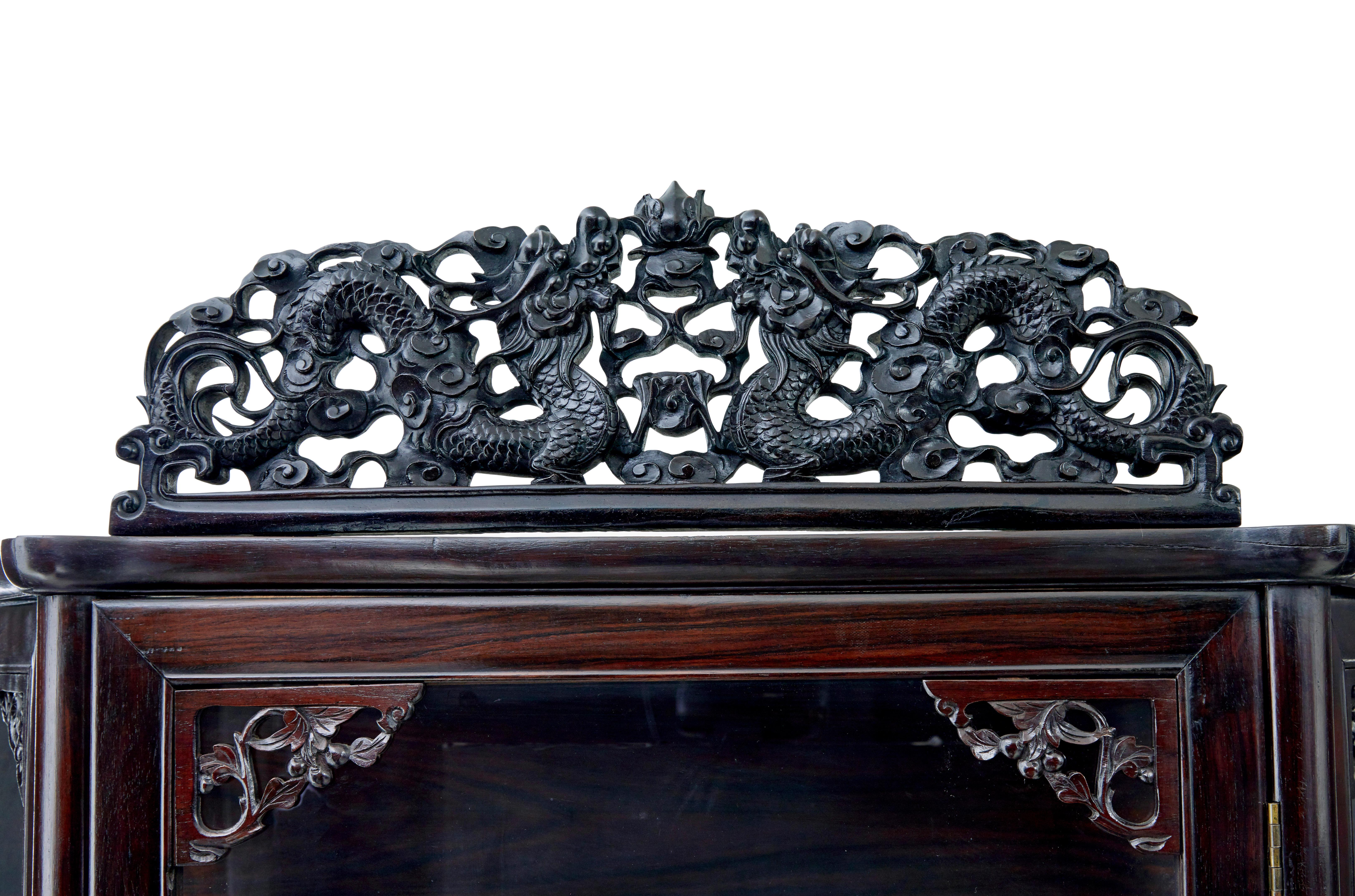 Glass 19th century Chinese carved hardwood glazed display cabinet For Sale