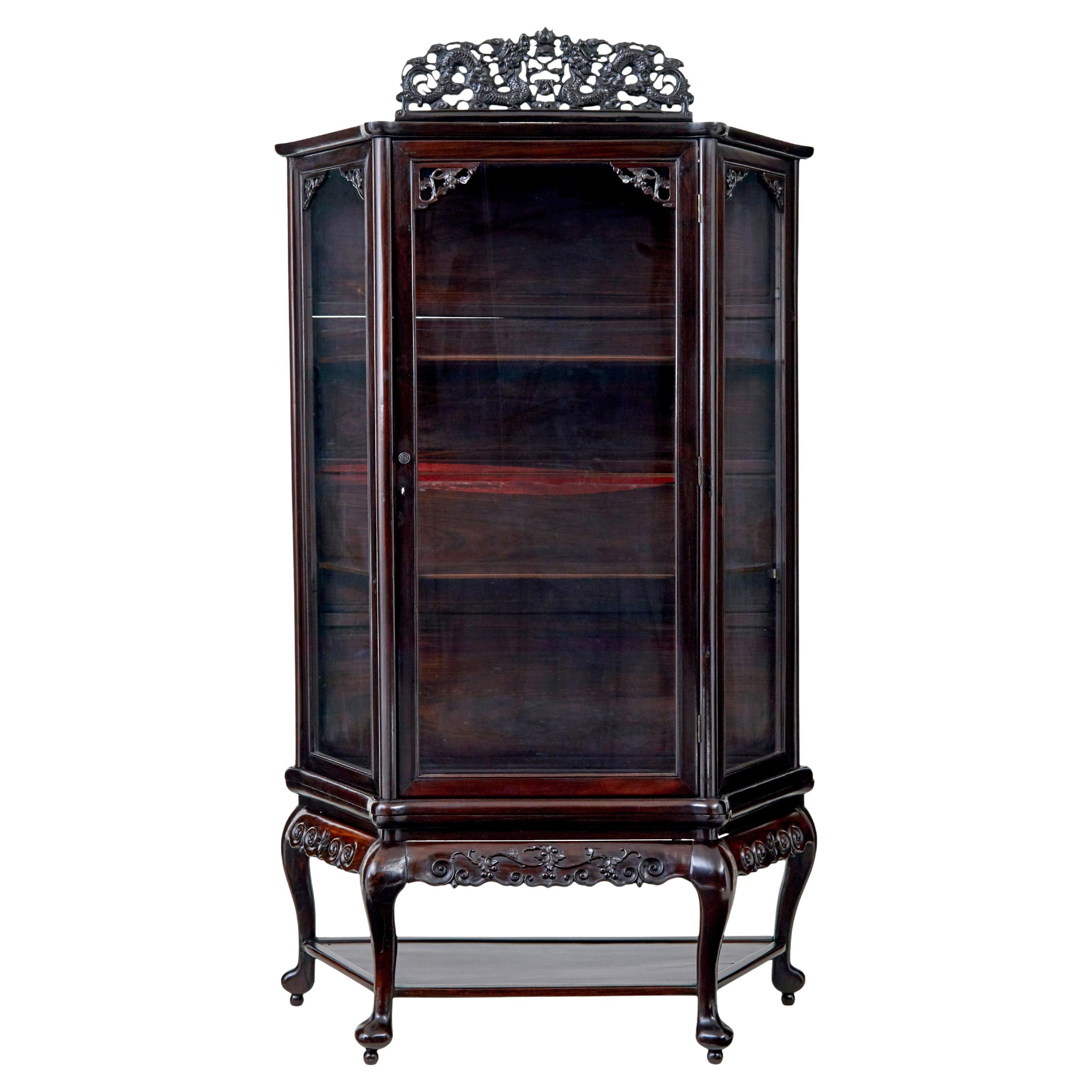 19th century Chinese carved hardwood glazed display cabinet For Sale
