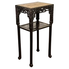 19th Century Chinese Carved Hardwood Two-Tier Marble Top Pedestal Table or Stand