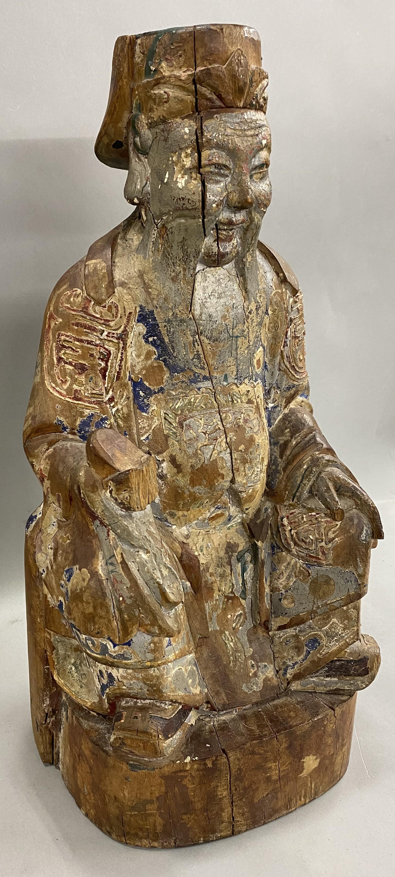 Hand-Carved 19th Century Chinese Carved Polychrome Wooden Ancestral Figure Sculpture For Sale