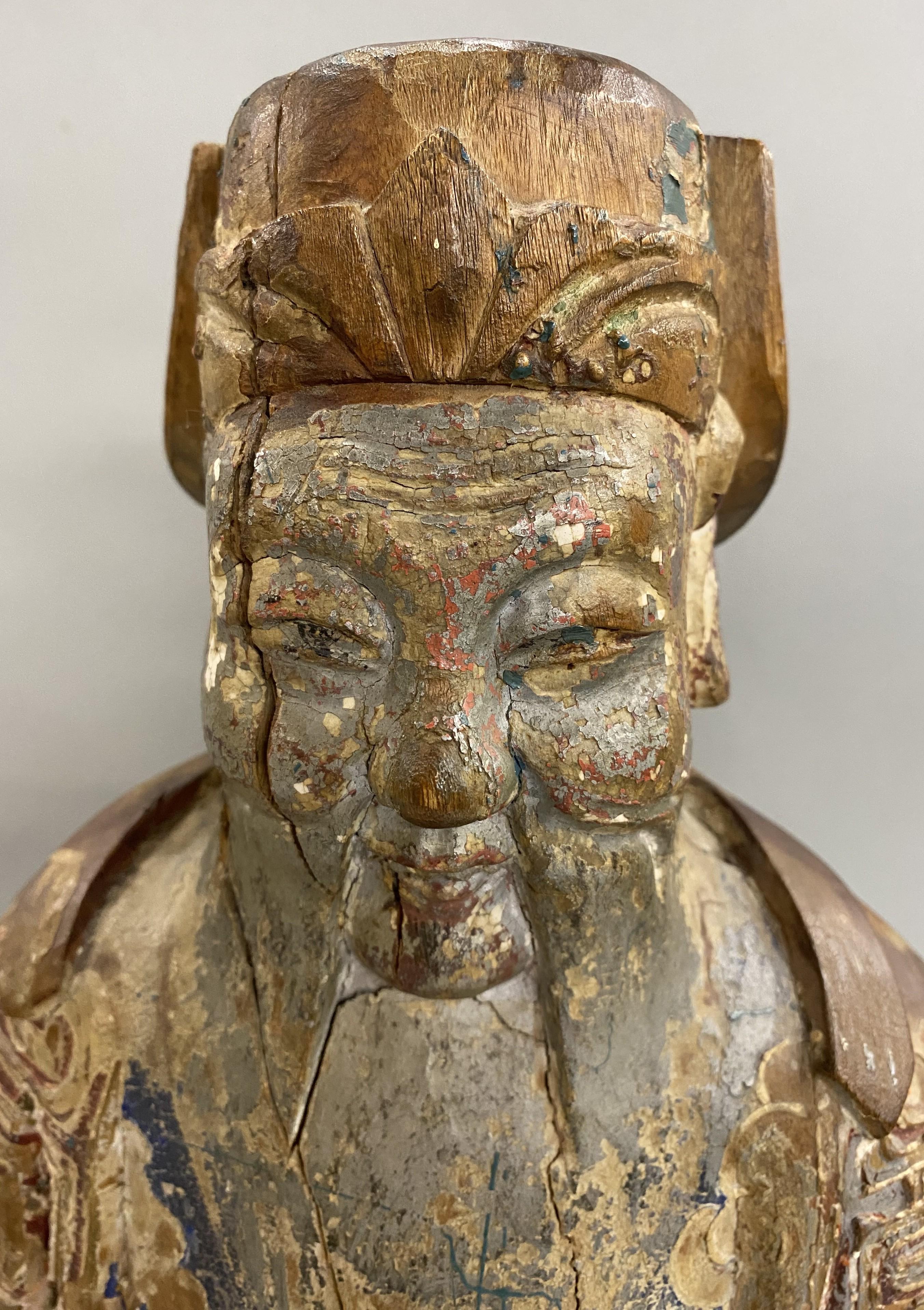 19th Century Chinese Carved Polychrome Wooden Ancestral Figure Sculpture In Good Condition For Sale In Milford, NH