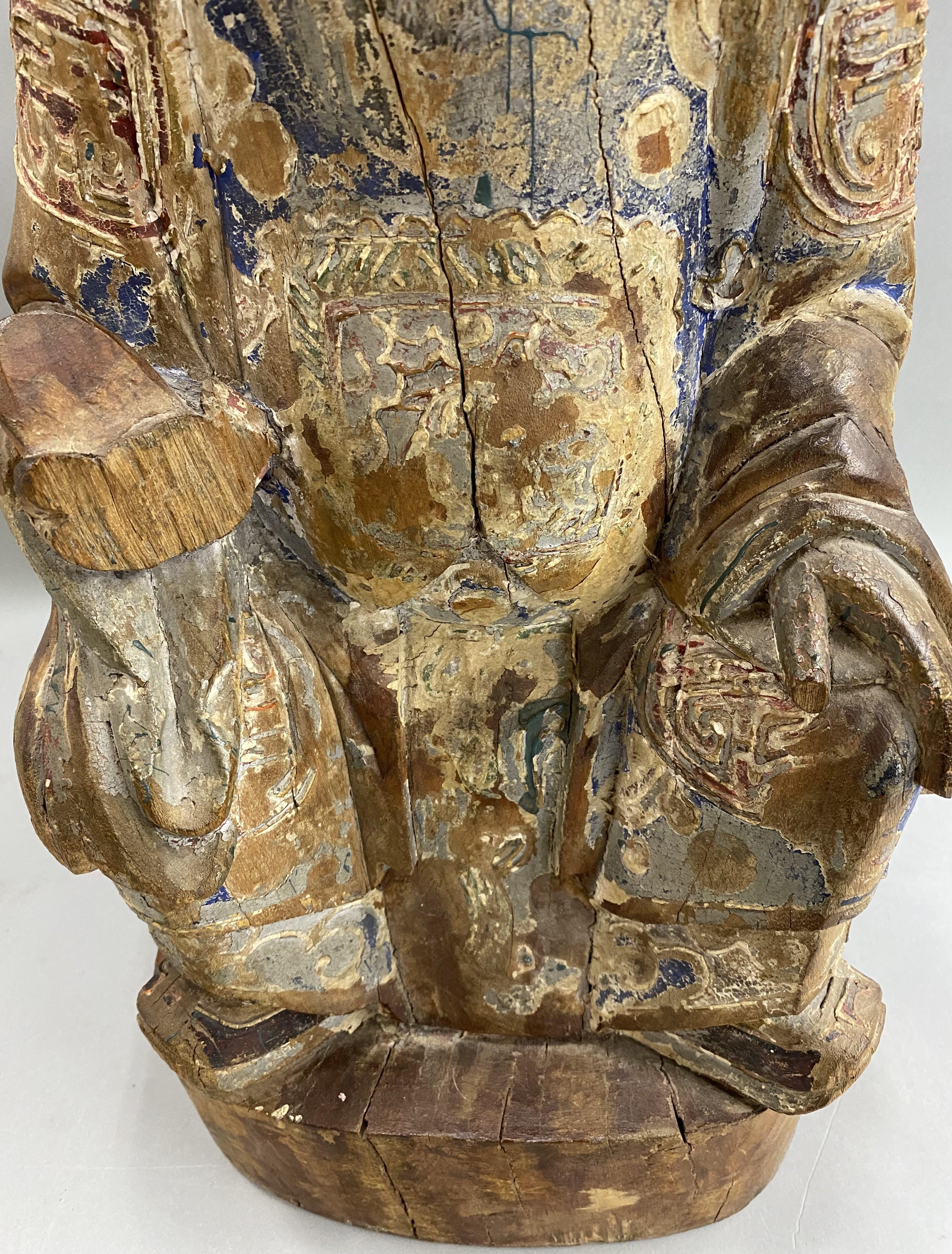 Hardwood 19th Century Chinese Carved Polychrome Wooden Ancestral Figure Sculpture For Sale