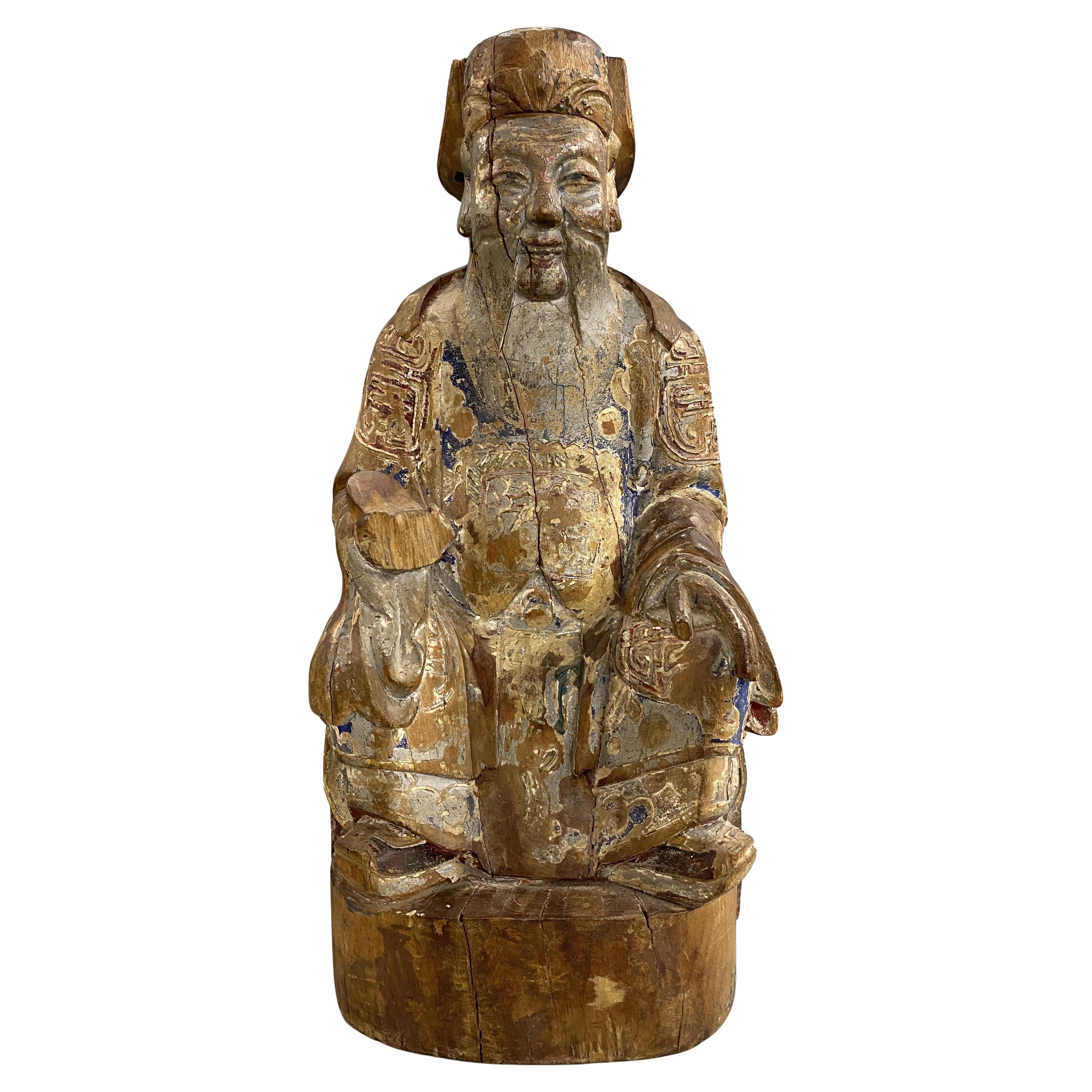 19th Century Chinese Carved Polychrome Wooden Ancestral Figure Sculpture