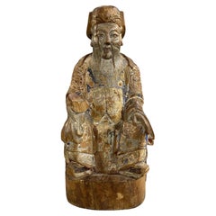19th Century Chinese Carved Polychrome Wooden Ancestral Figure Sculpture