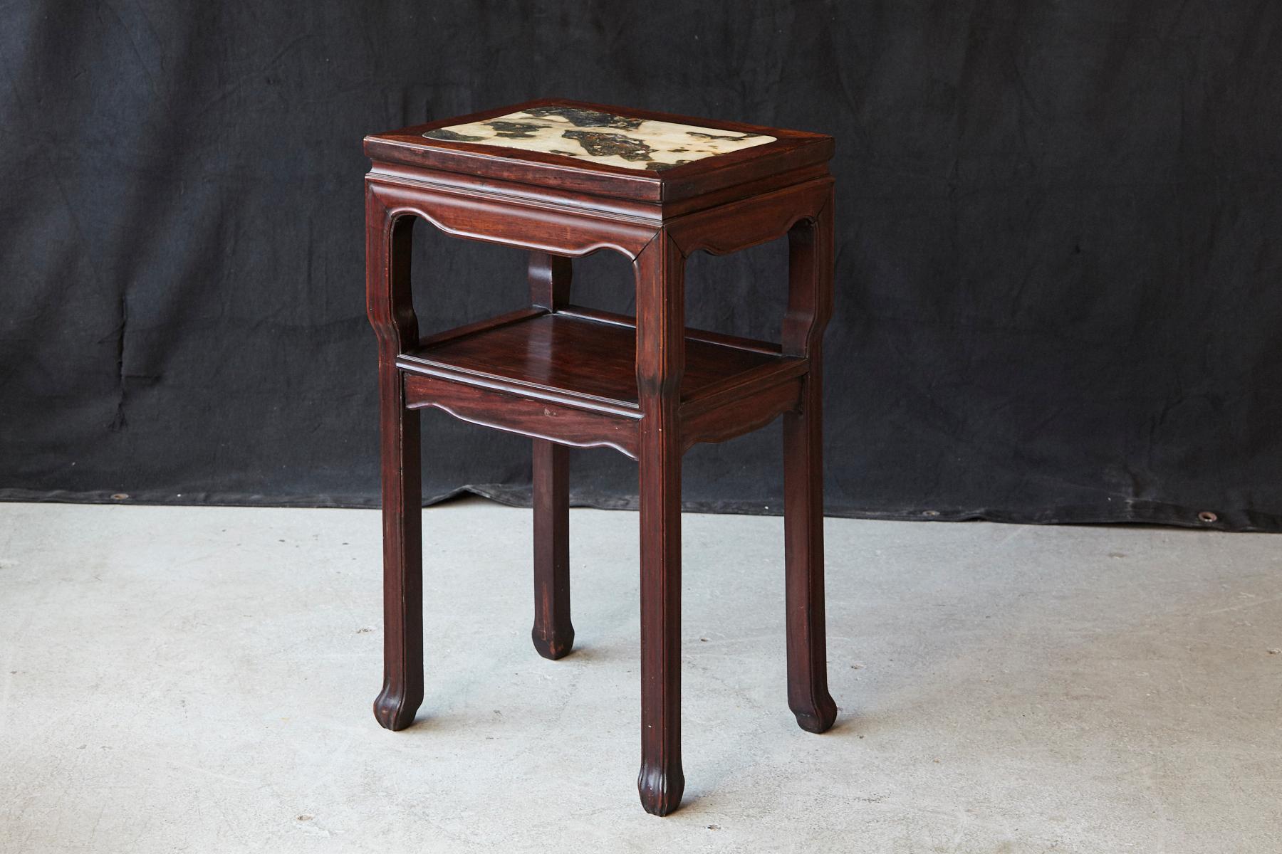 Chinese Export Early 20th Century Chinese Carved Rectangular Hardwood Table with Marble Inset