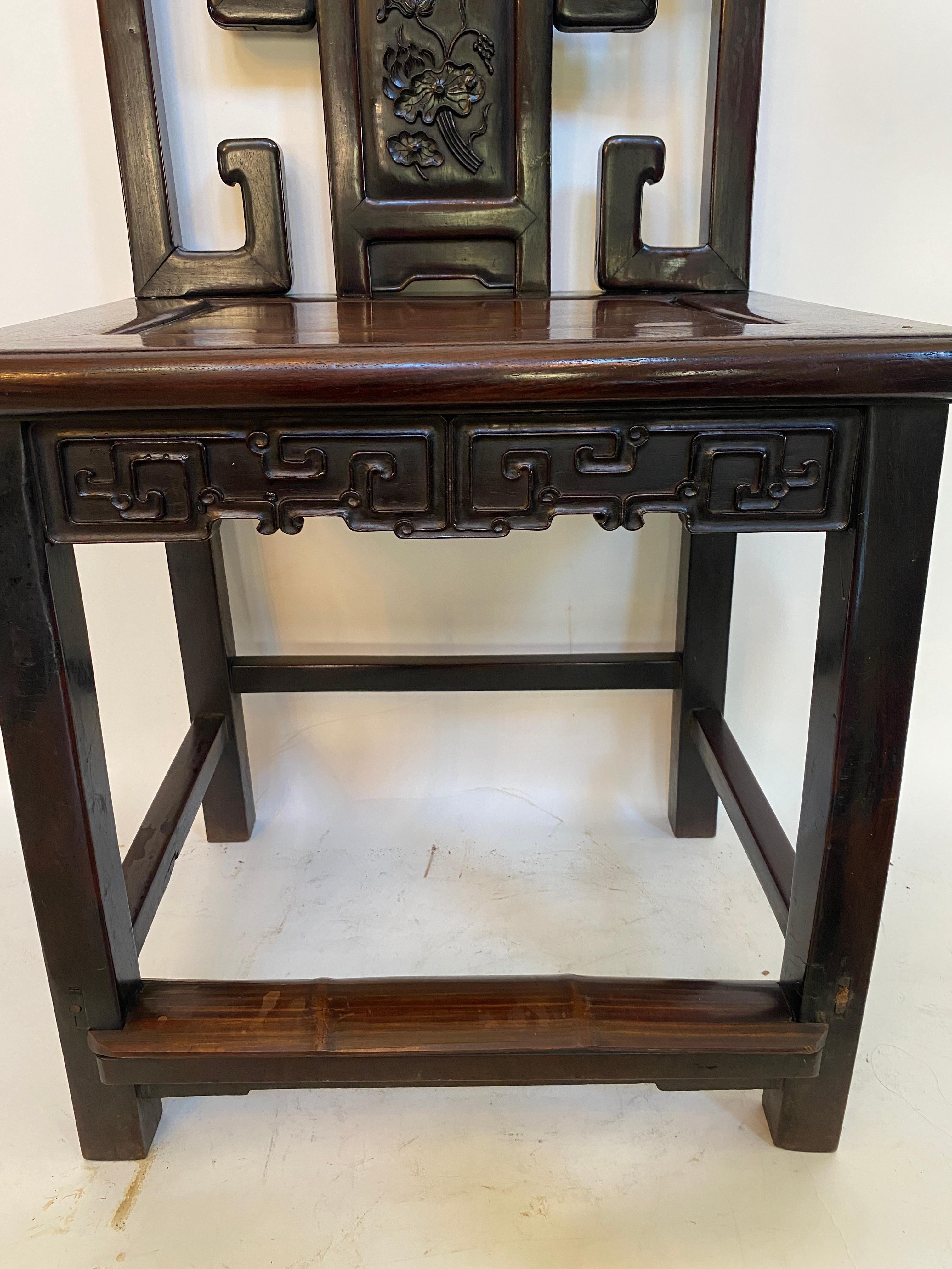 19th Century Chinese Carved Rosewood Chair with Lotus In Good Condition For Sale In Brea, CA