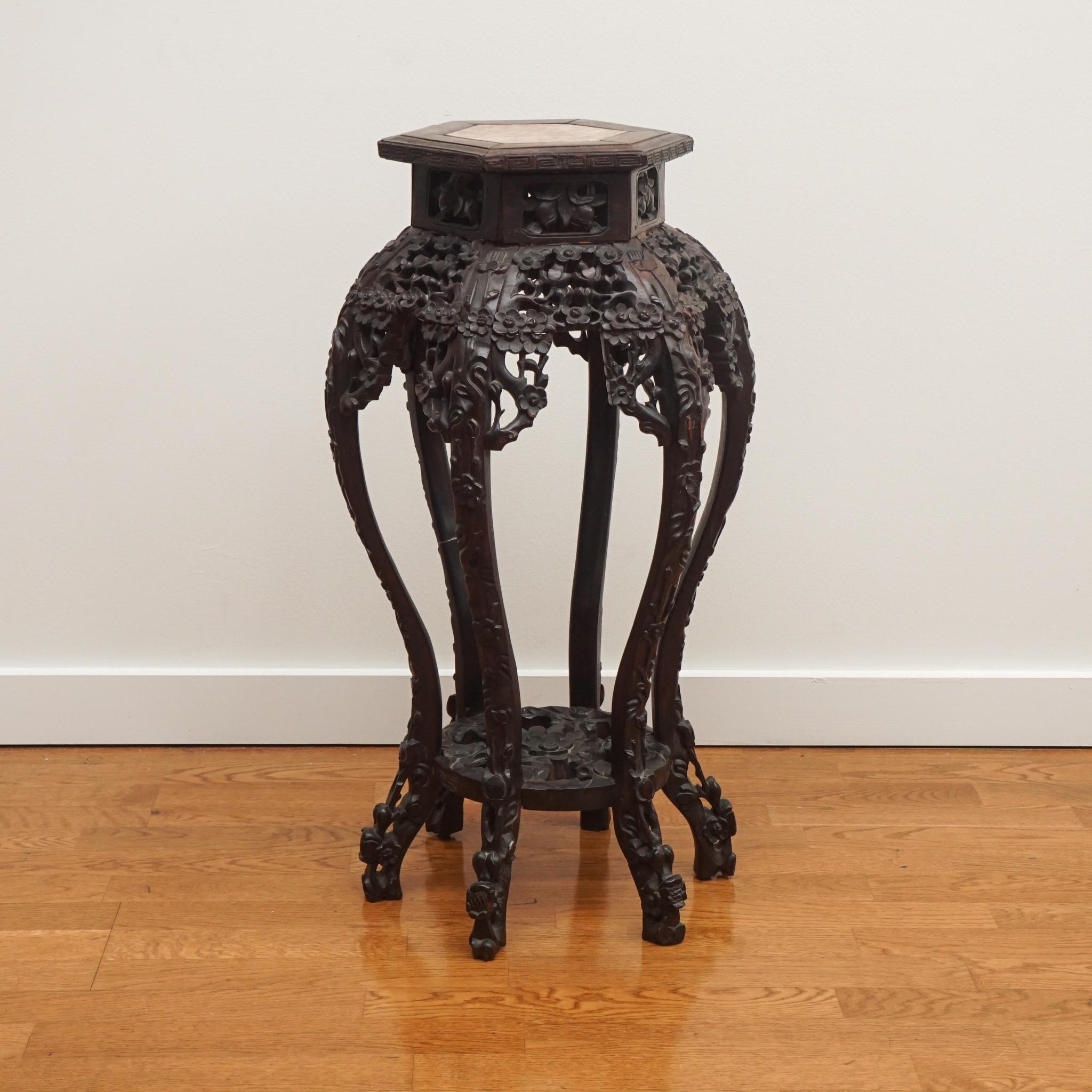 Chinese Export 19th Century Chinese Carved Rosewood Plant Stand with Marble Inset For Sale