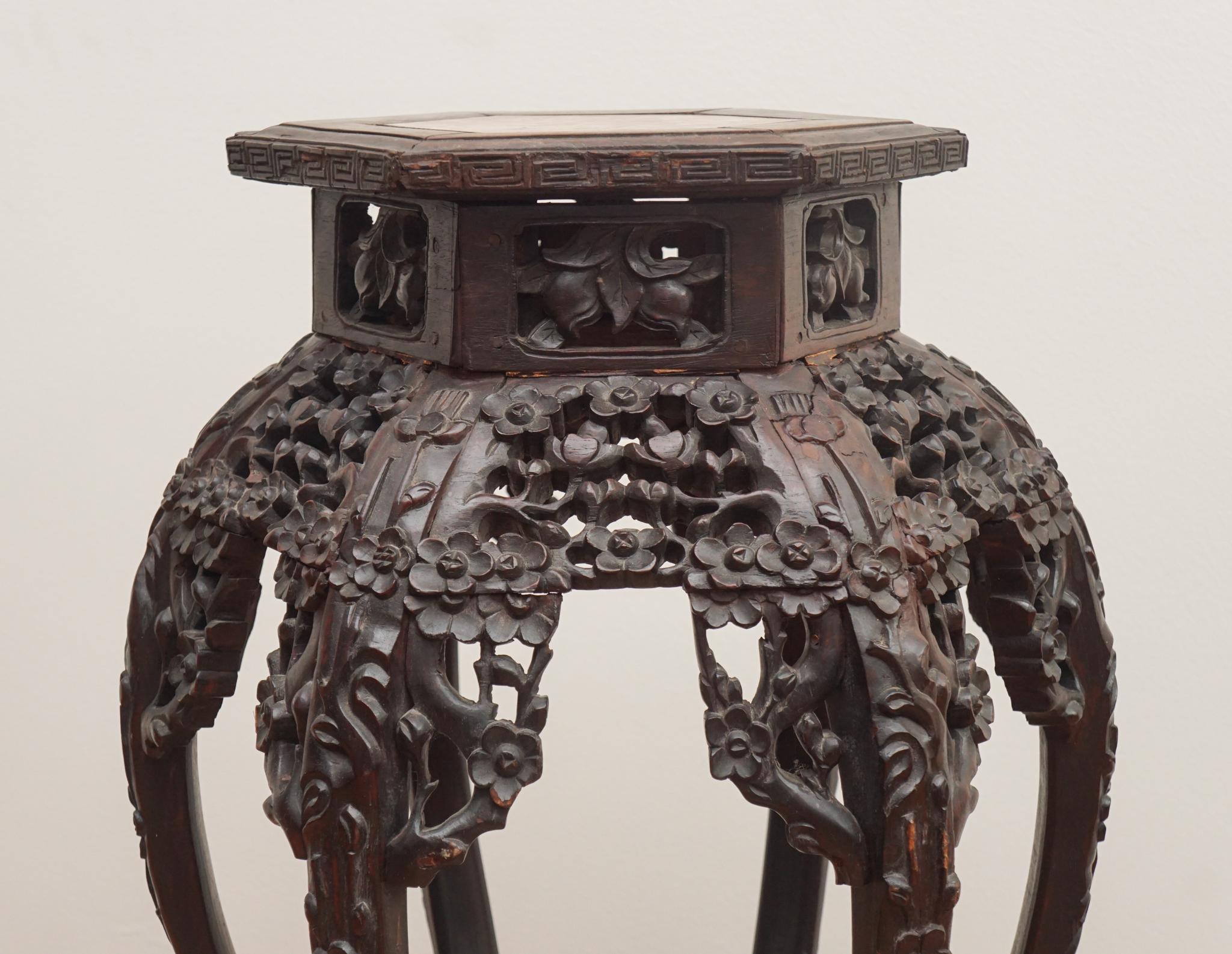 Hand-Carved 19th Century Chinese Carved Rosewood Plant Stand with Marble Inset For Sale