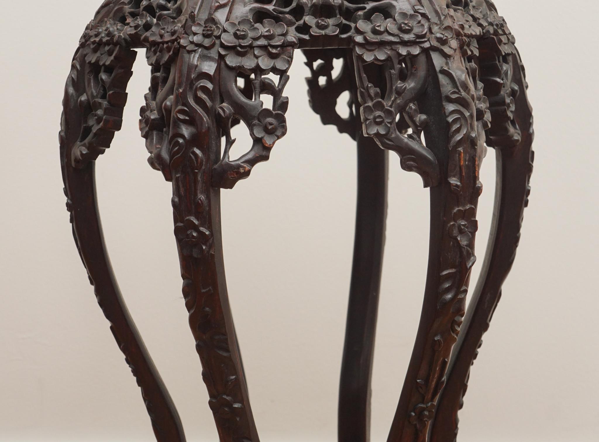 19th Century Chinese Carved Rosewood Plant Stand with Marble Inset For Sale 2