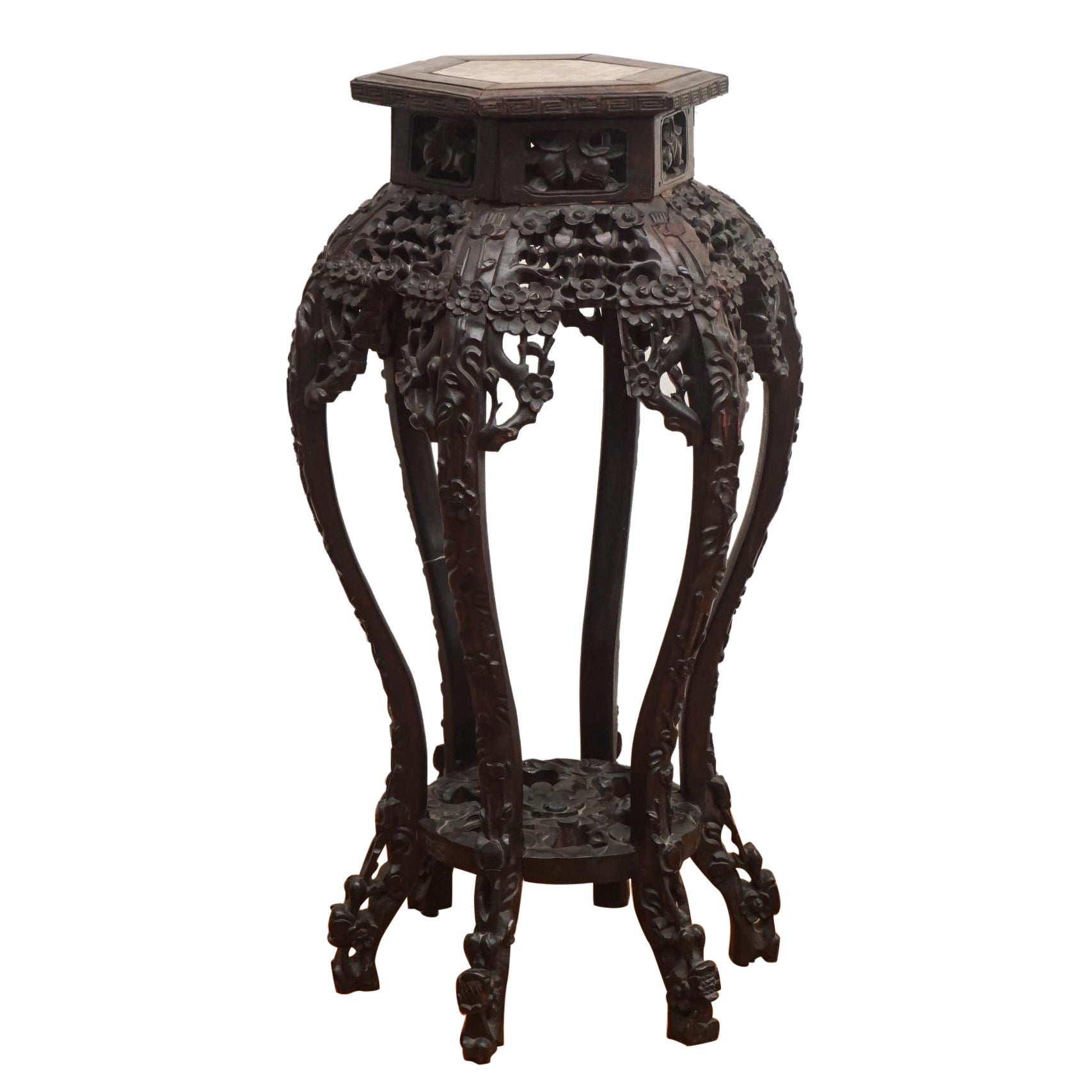 Présentoir à plantes chinois en bois de rose sculpté du 19ème siècle avec incrustation en marbre