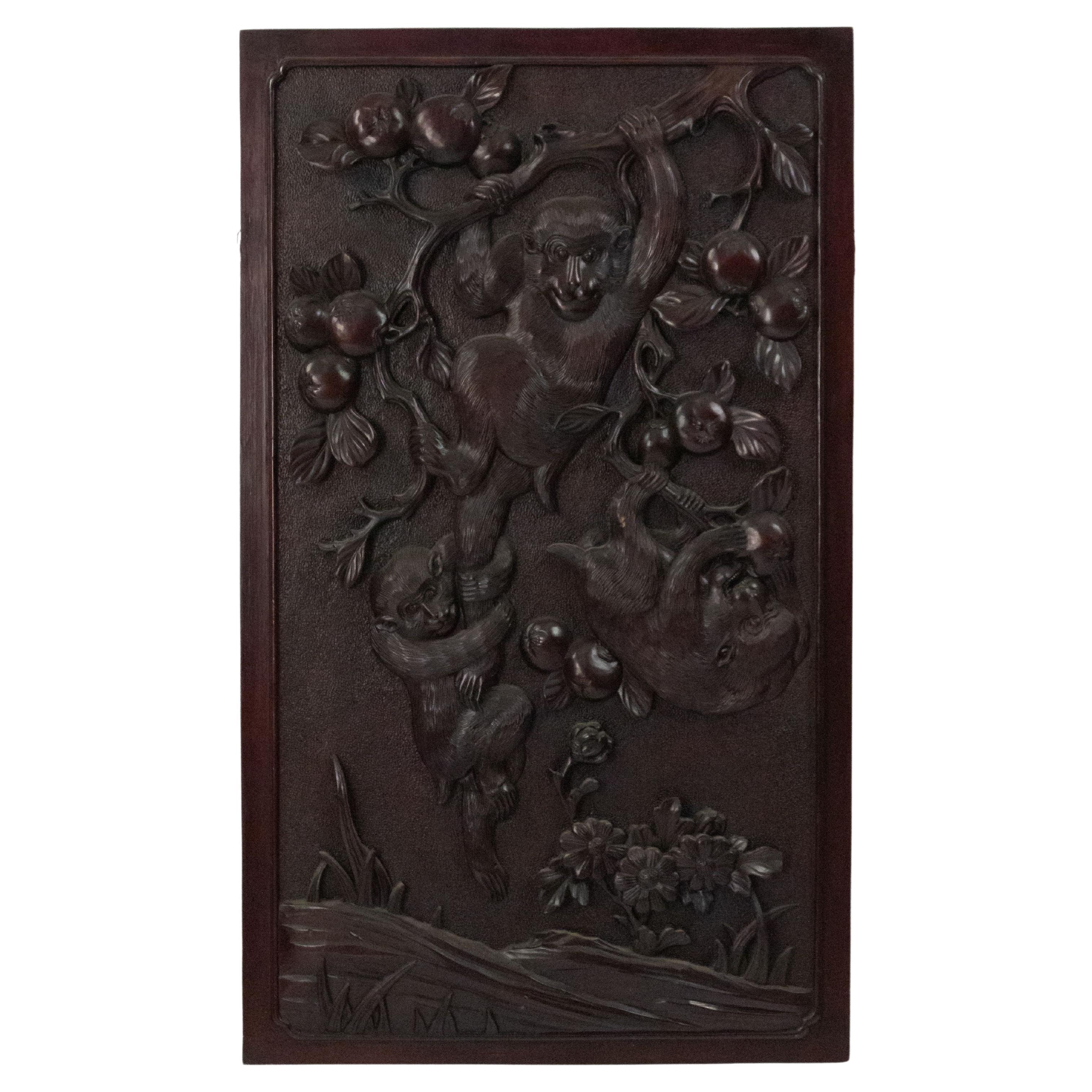 19th Century Chinese Carved Scenic Monkey Wall Plaque
