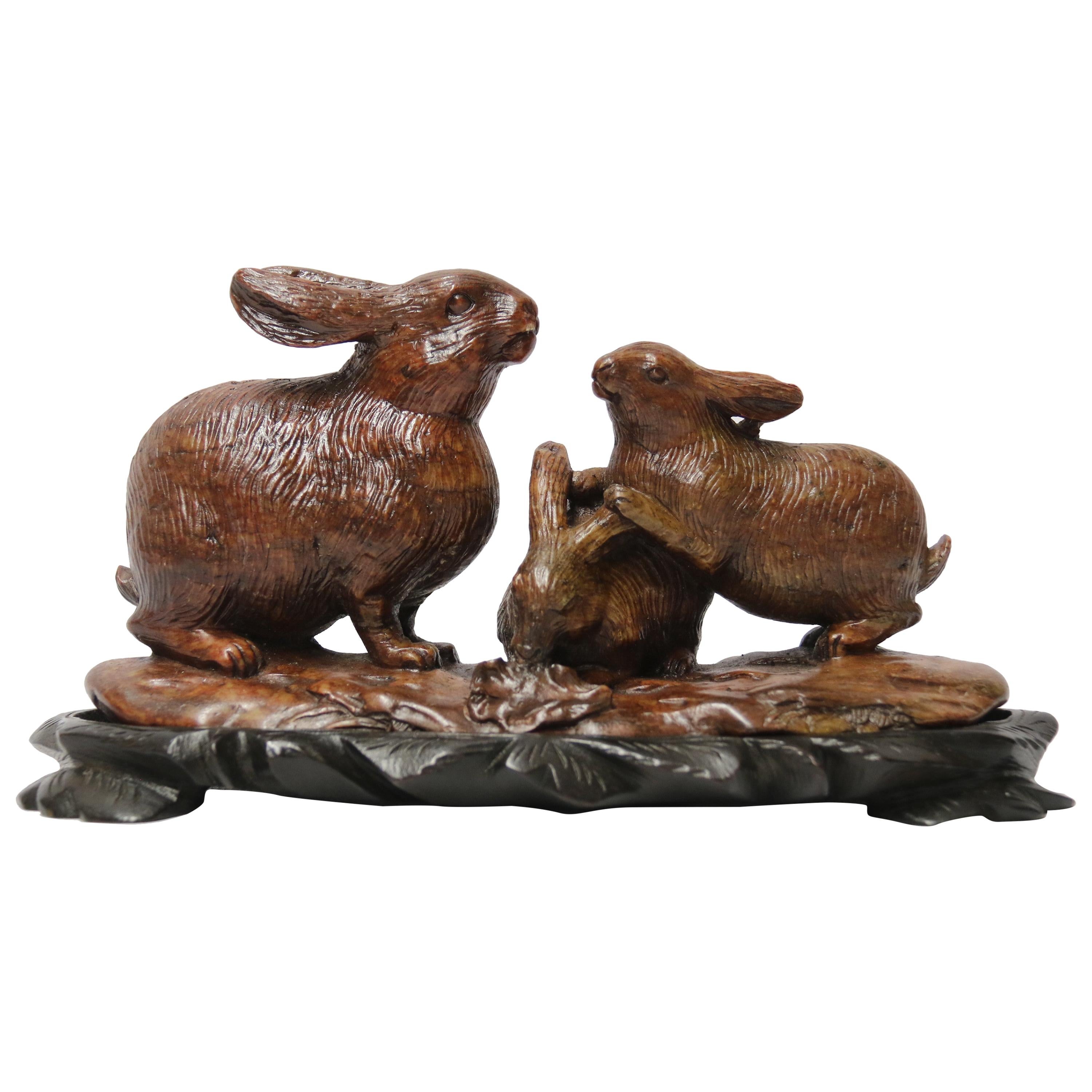 19th Century Chinese Carved Soapstone Rabbit Group, circa 1900 For Sale
