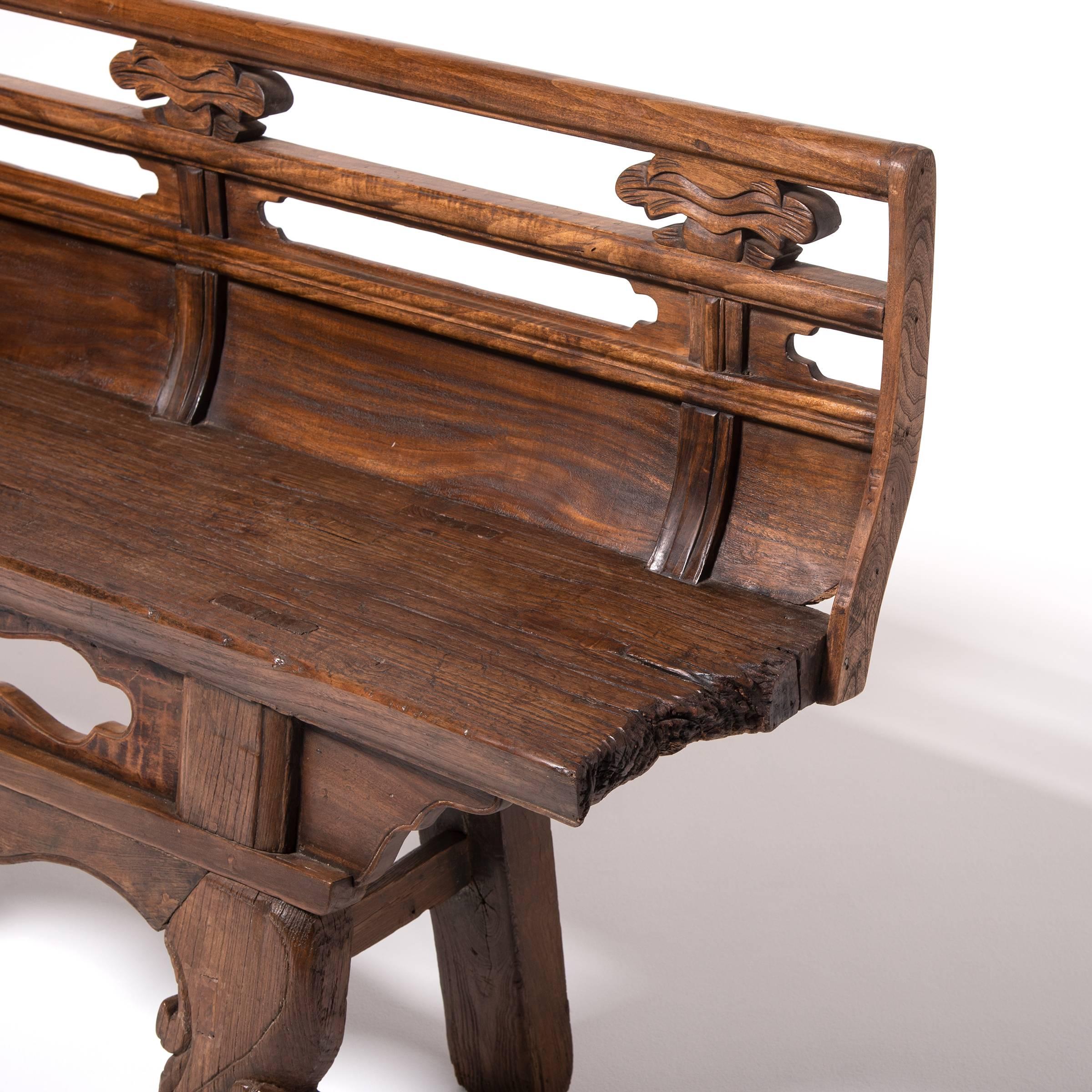 Elm 19th Century Chinese Carved Village Bench