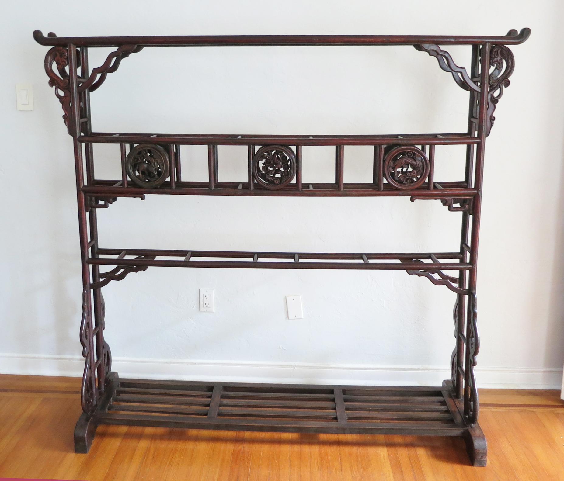 Elm 19th Century Chinese Carved Wood Robe Rack For Sale