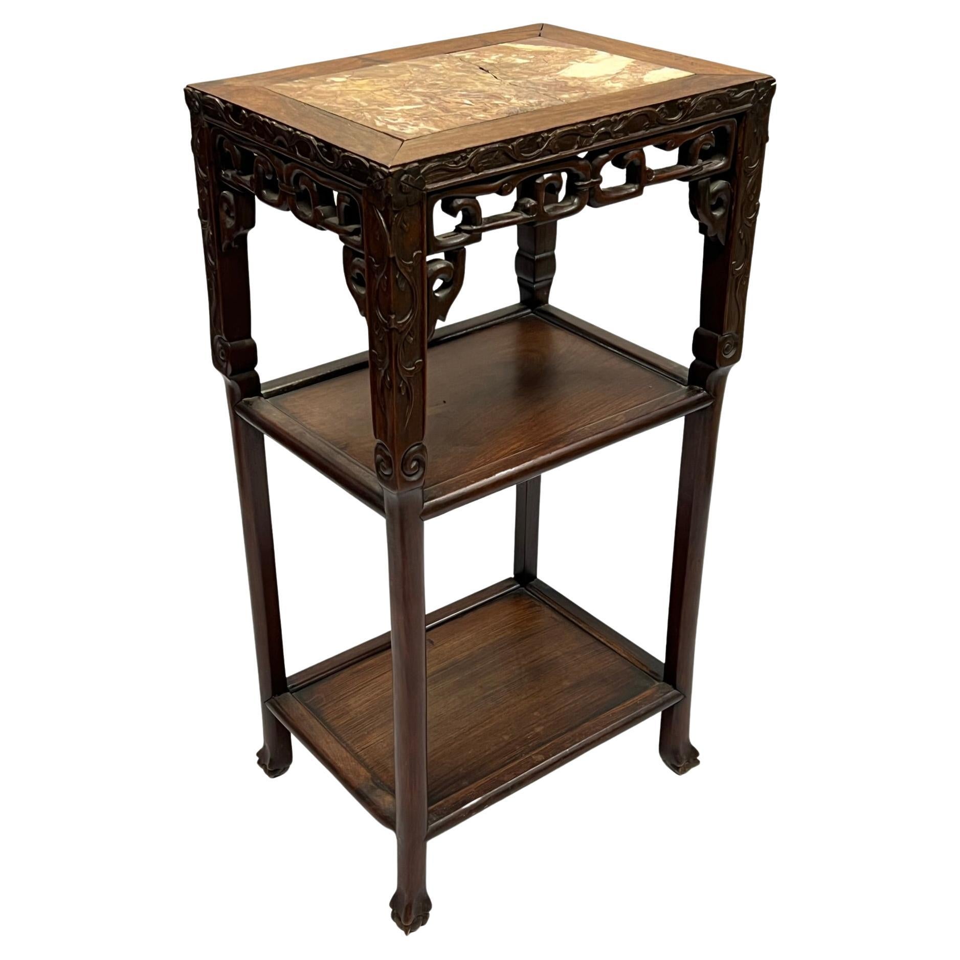 19th Century Chinese  Carved Wooden and Marble Side Table or Etagere