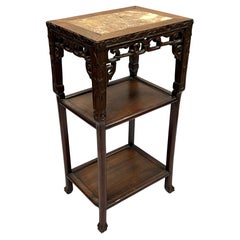 Antique 19th Century Chinese  Carved Wooden and Marble Side Table or Etagere