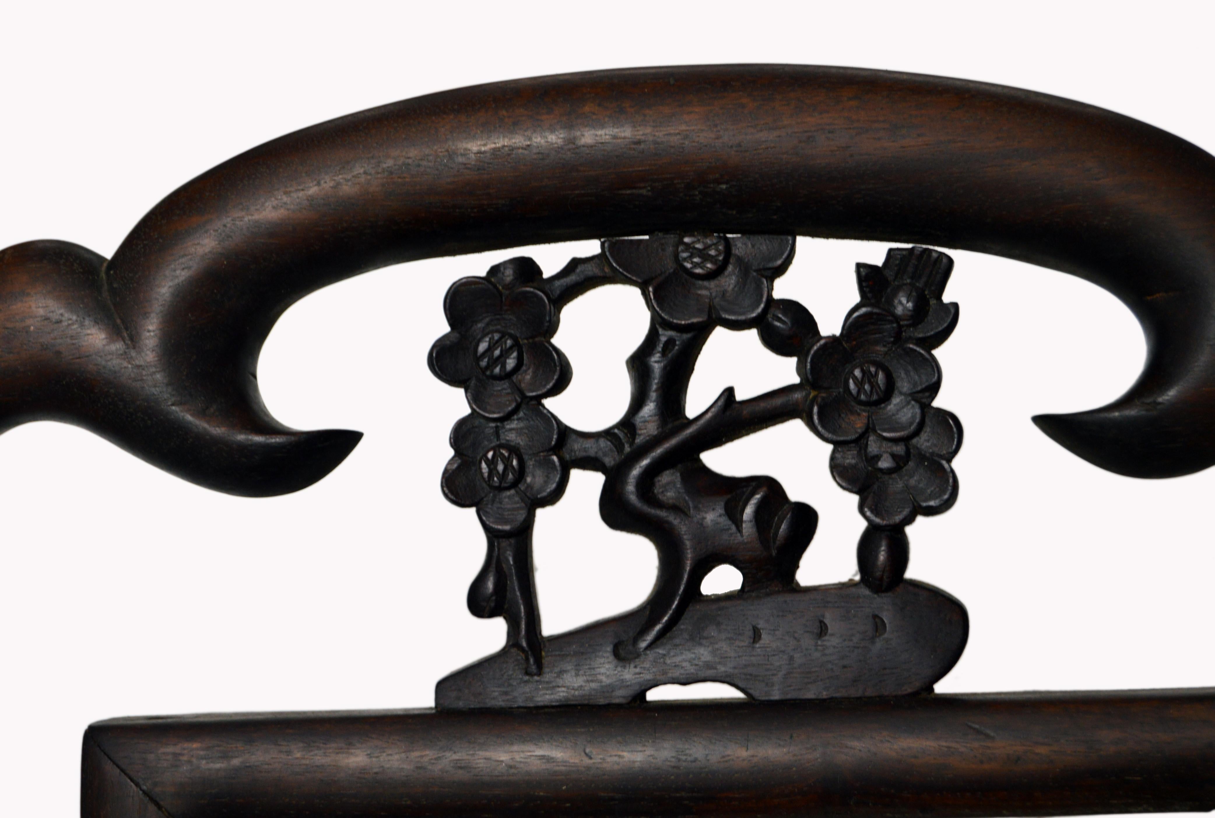 Lacquered 19th Century Chinese Carved Wooden Chair with Cherry Blossoms and Dark Lacquer