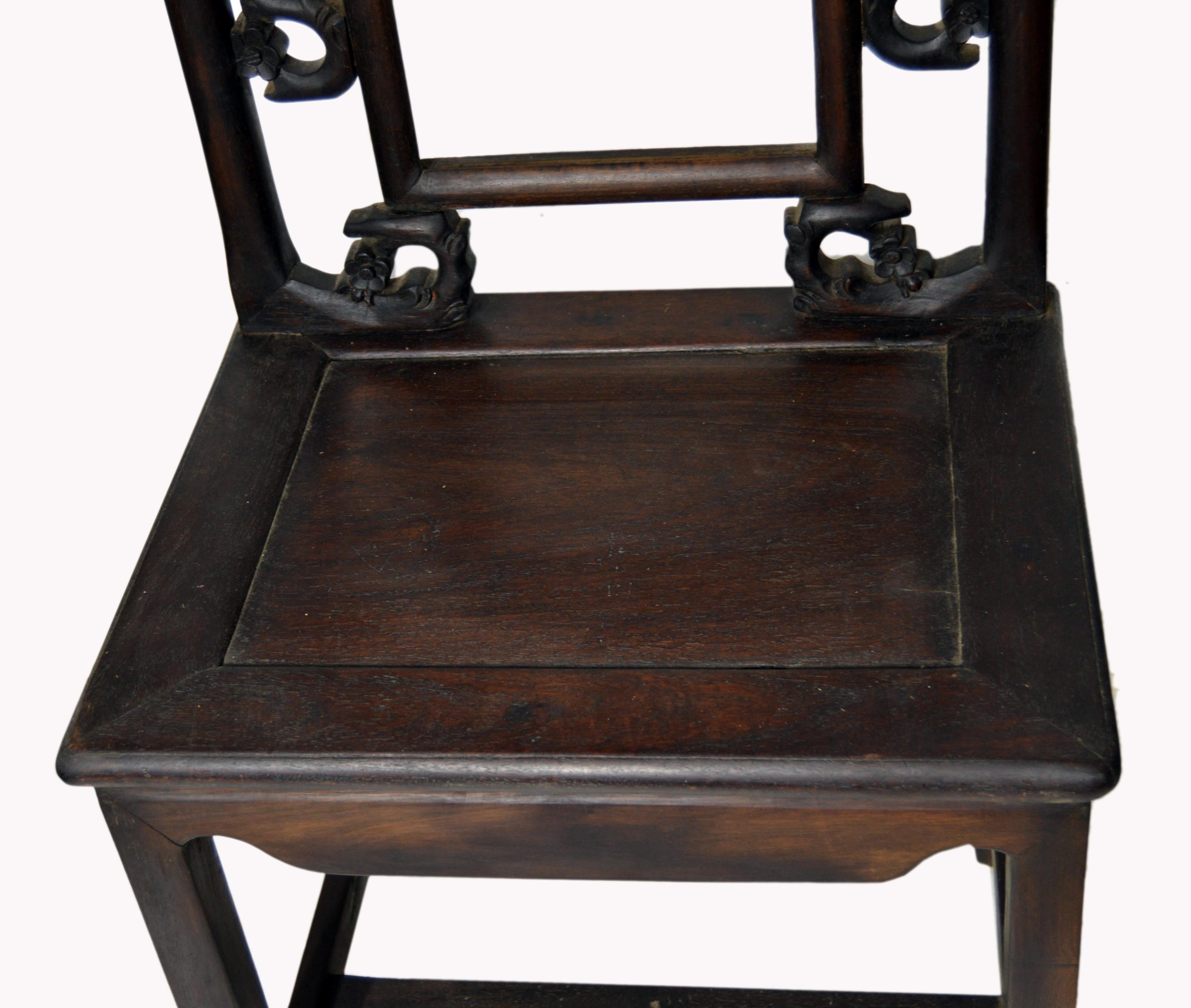 19th Century Chinese Carved Wooden Chair with Cherry Blossoms and Dark Lacquer 3