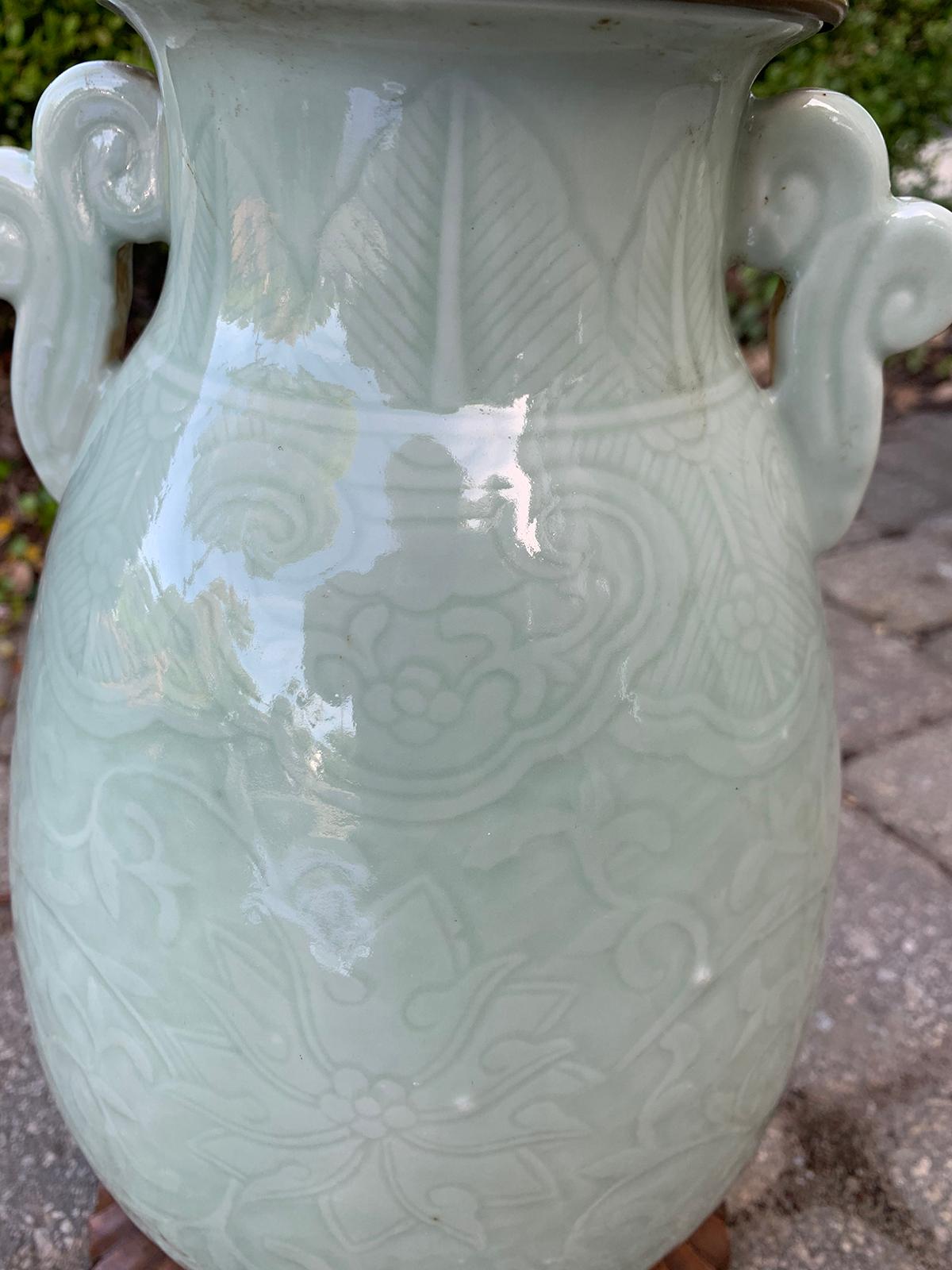 19th Century Chinese Celadon Glazed Porcelain Lamp with Old Base, Signed 8