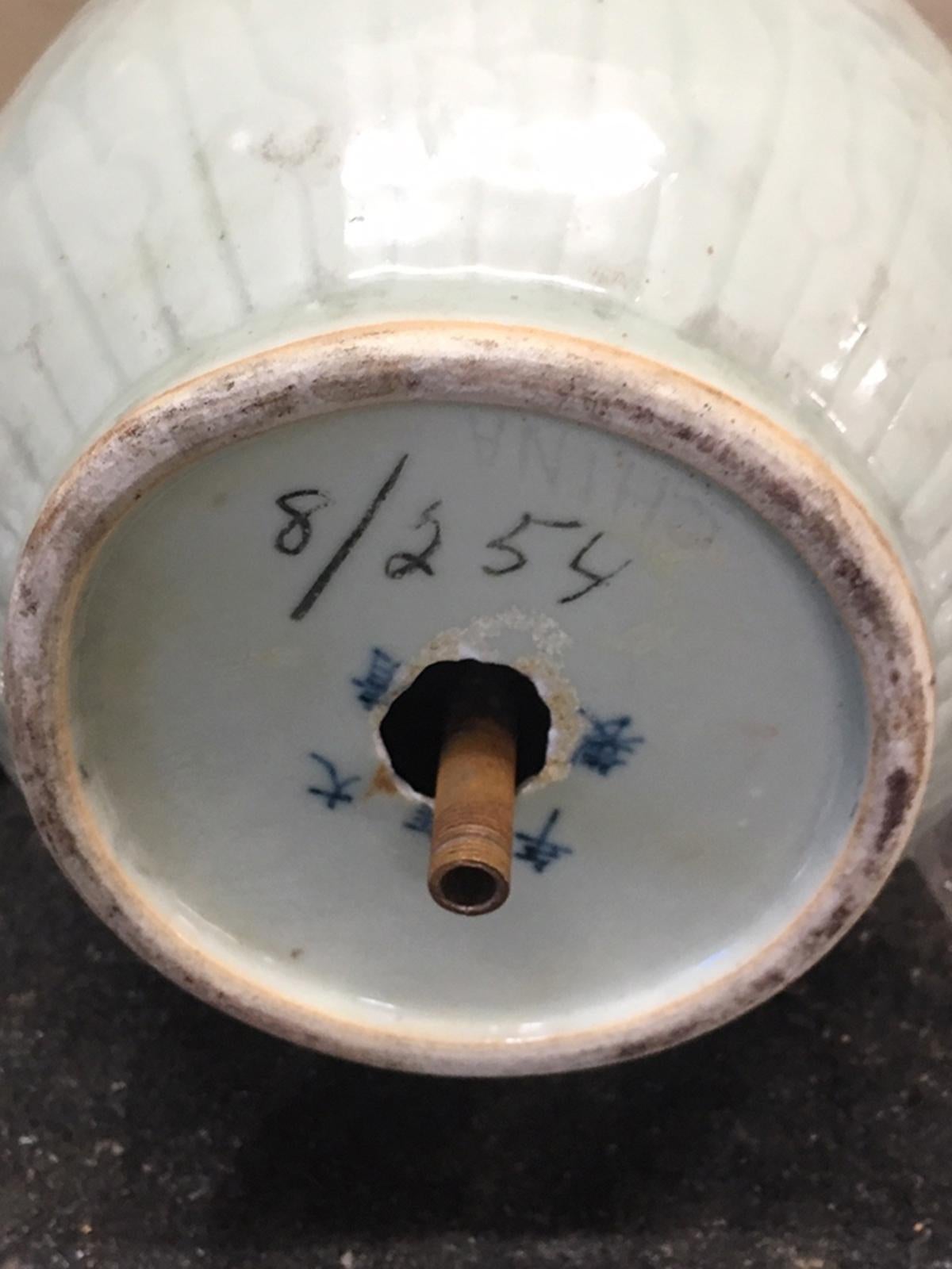 19th century Chinese Celadon glazed porcelain lamp with old base, signed
brand new wiring.