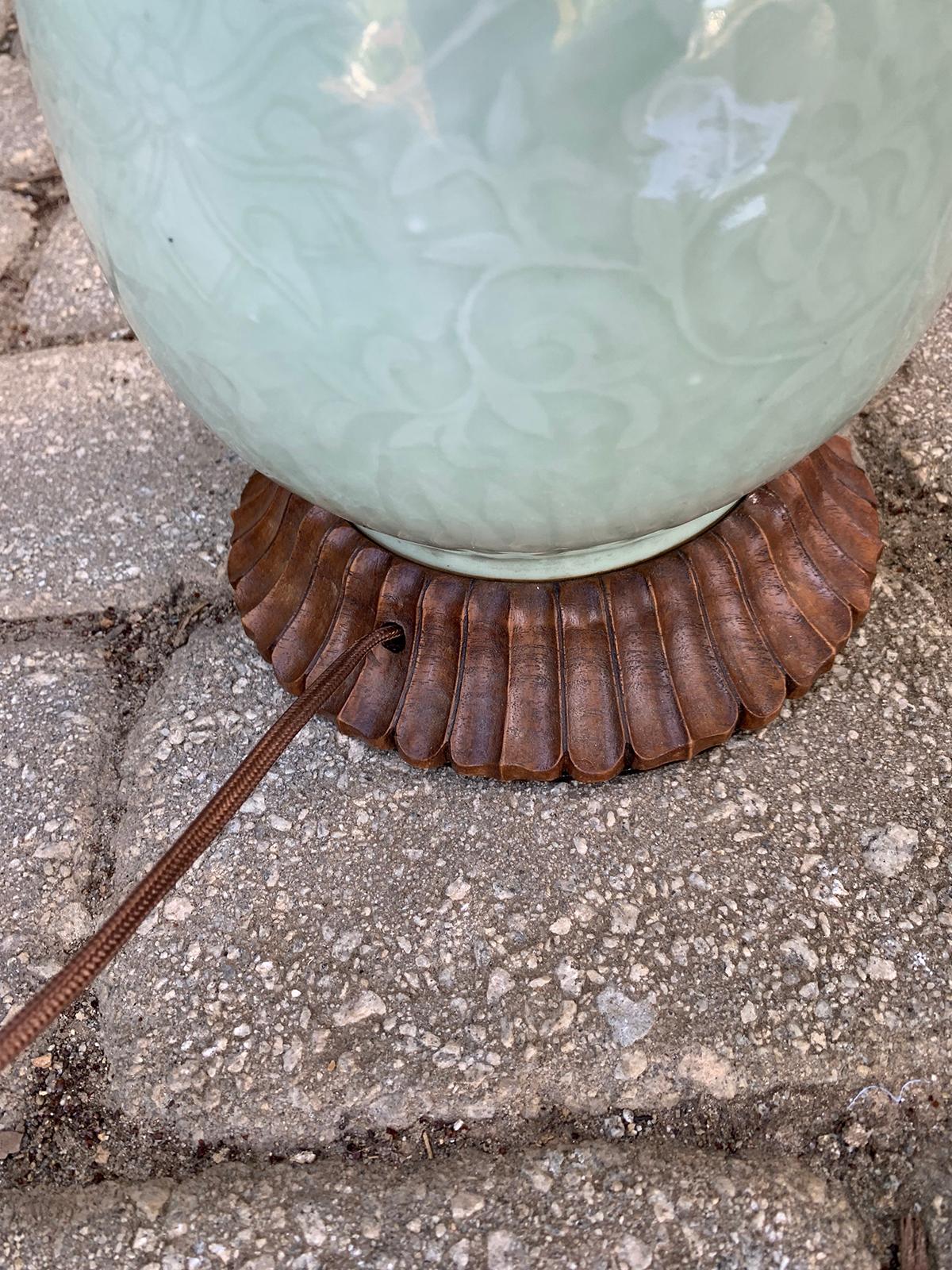 19th Century Chinese Celadon Glazed Porcelain Lamp with Old Base, Signed In Good Condition In Atlanta, GA