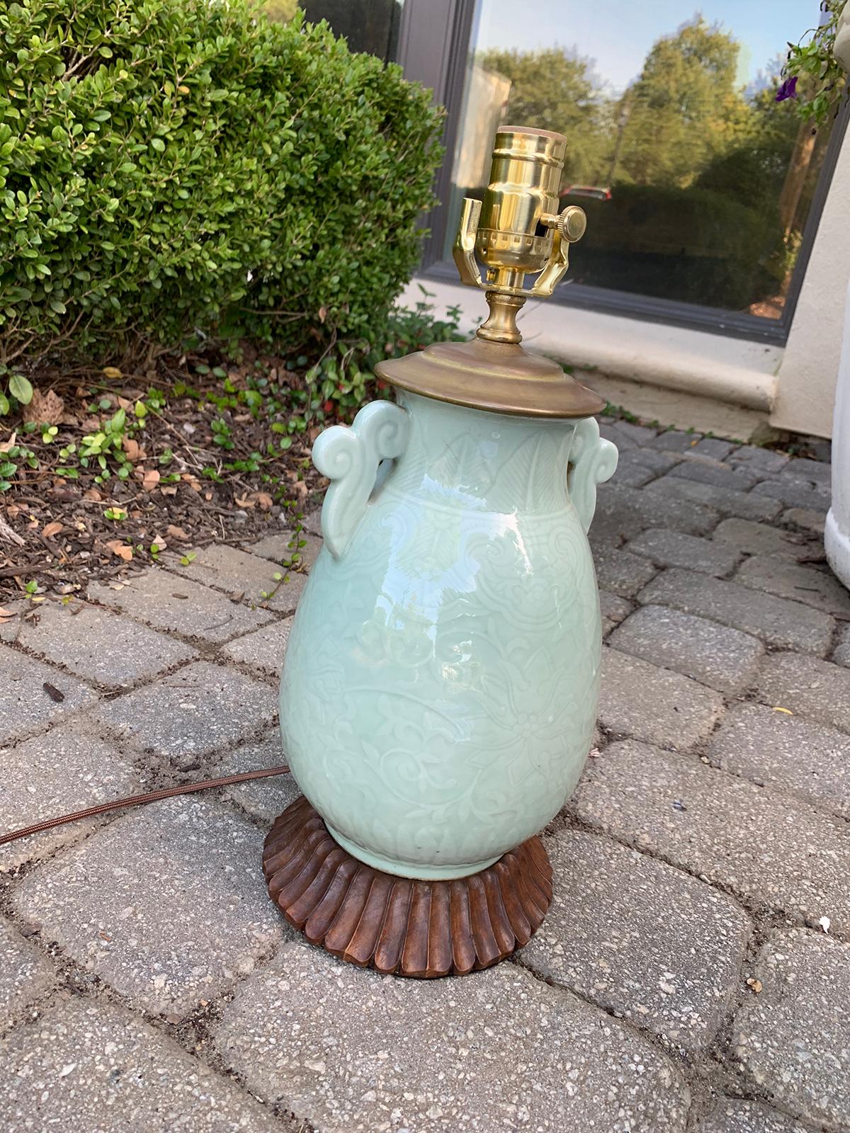 19th Century Chinese Celadon Glazed Porcelain Lamp with Old Base, Signed 3