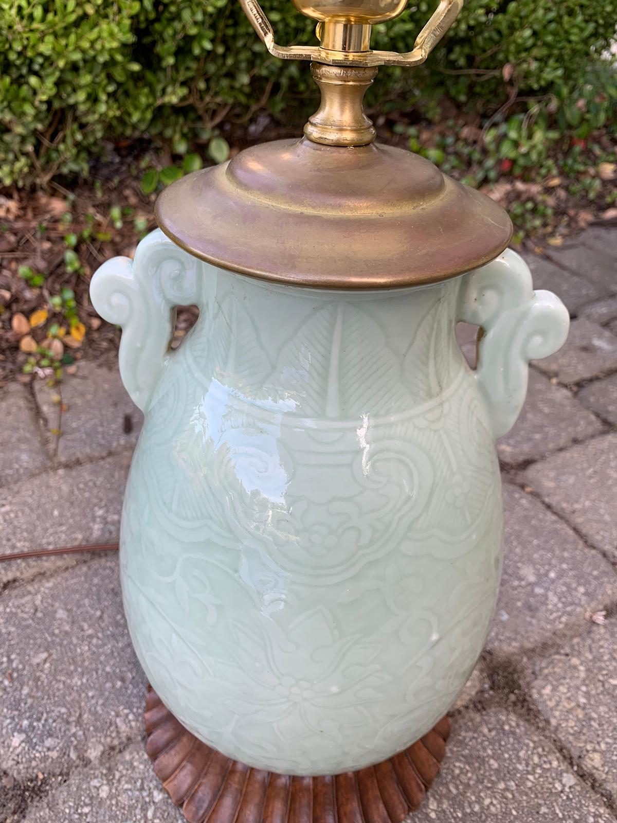 19th Century Chinese Celadon Glazed Porcelain Lamp with Old Base, Signed 5