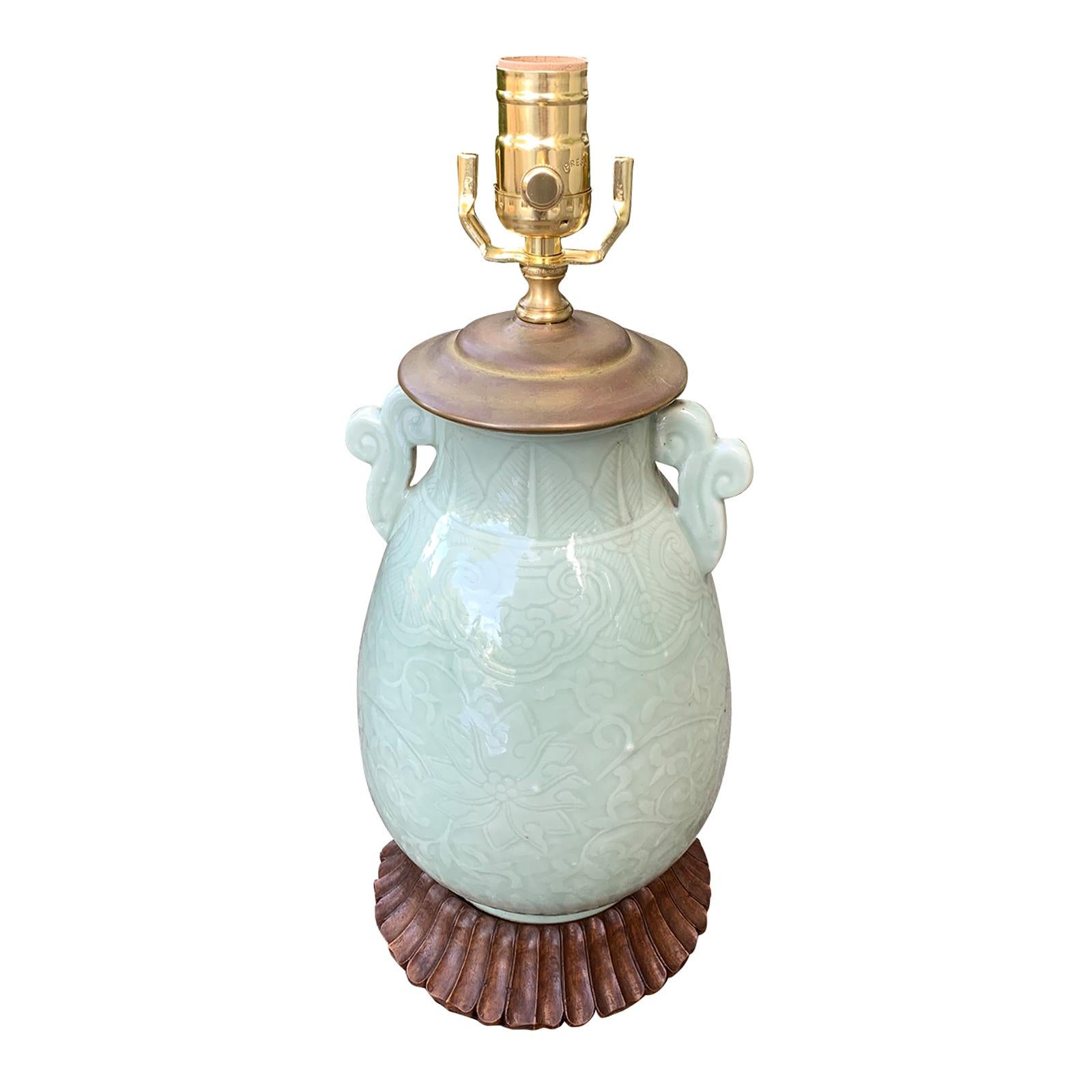 19th Century Chinese Celadon Glazed Porcelain Lamp with Old Base, Signed