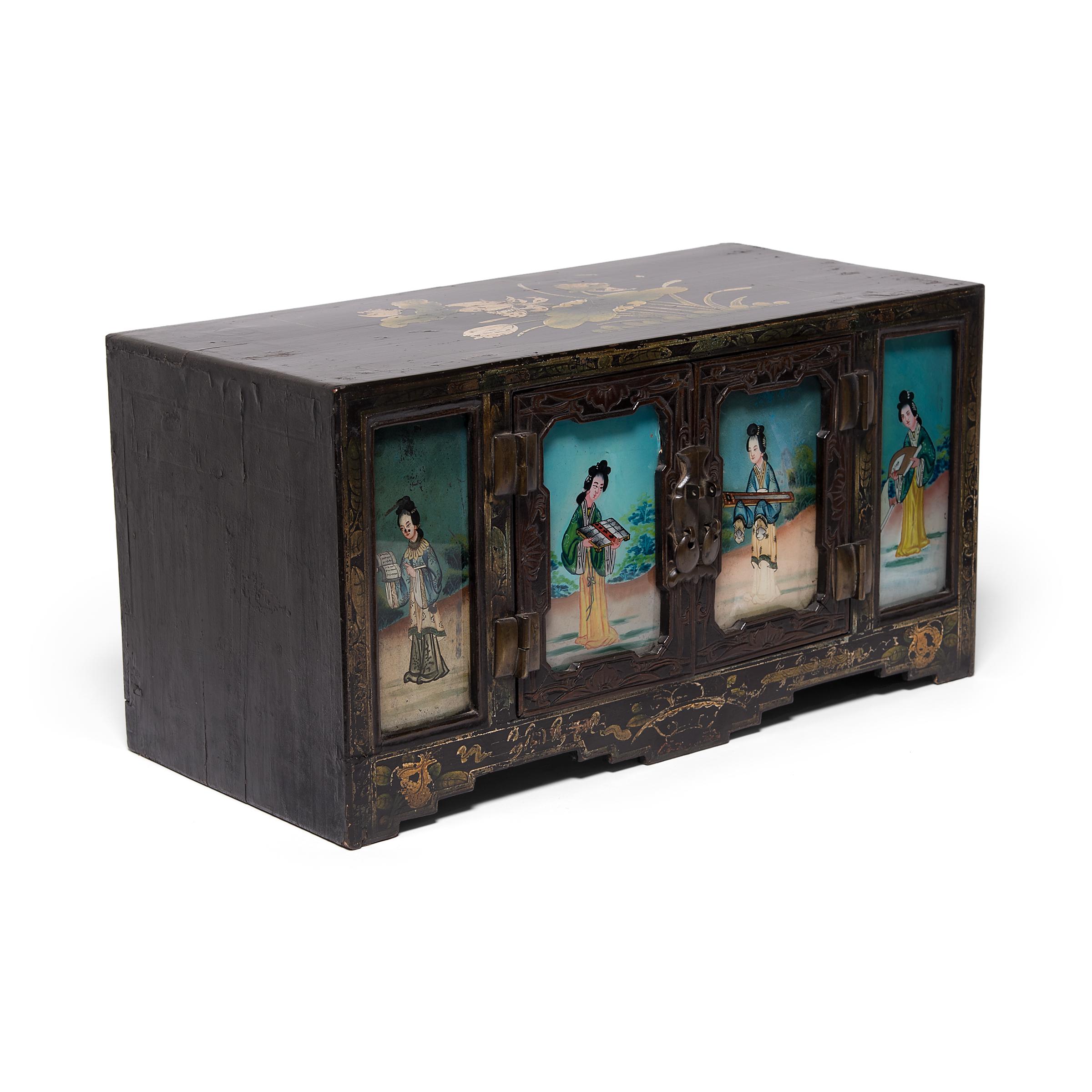 Qing Chinese Treasure Chest with Reverse Glass Painted Panels. c. 1850 For Sale