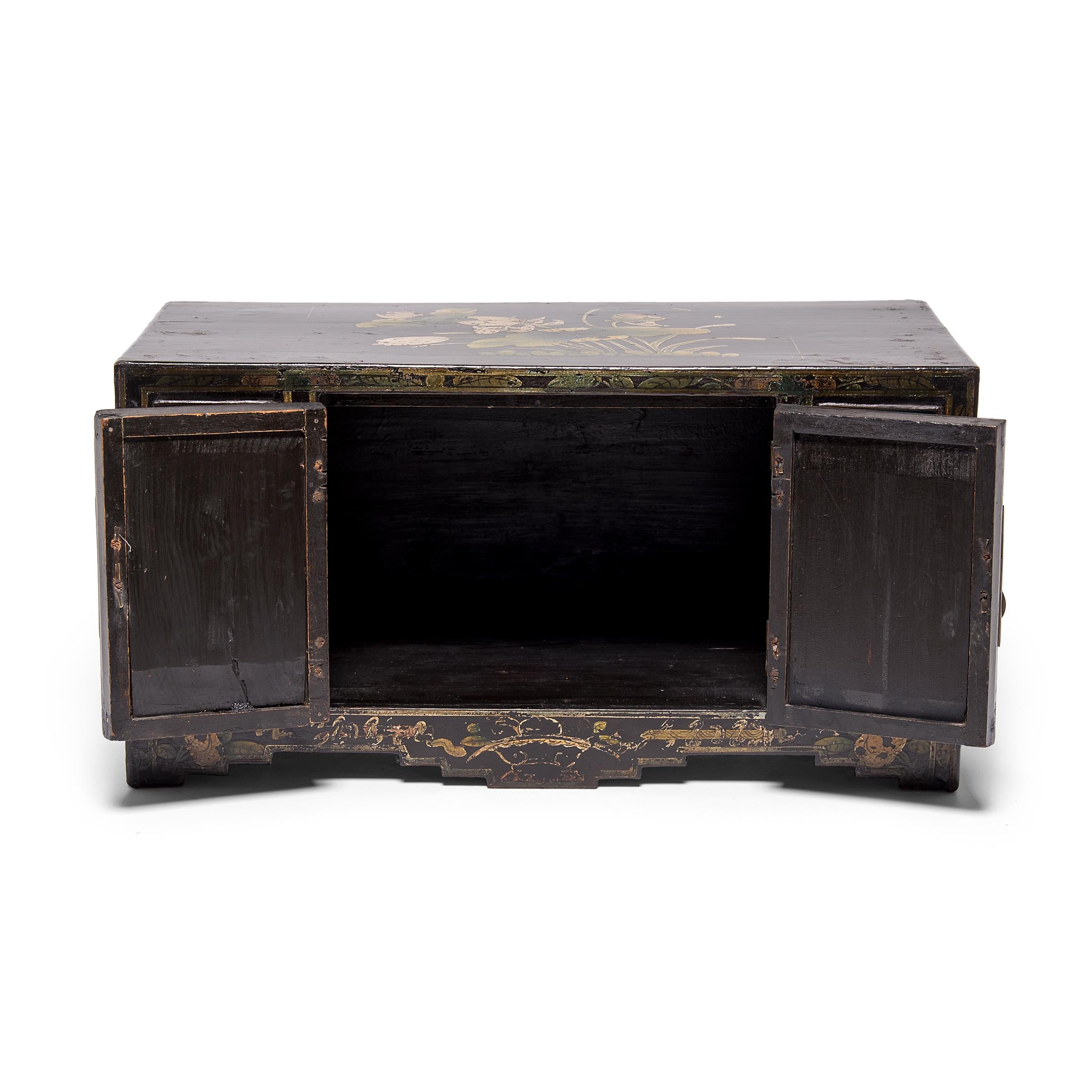 Hand-Carved Chinese Treasure Chest with Reverse Glass Painted Panels. c. 1850 For Sale
