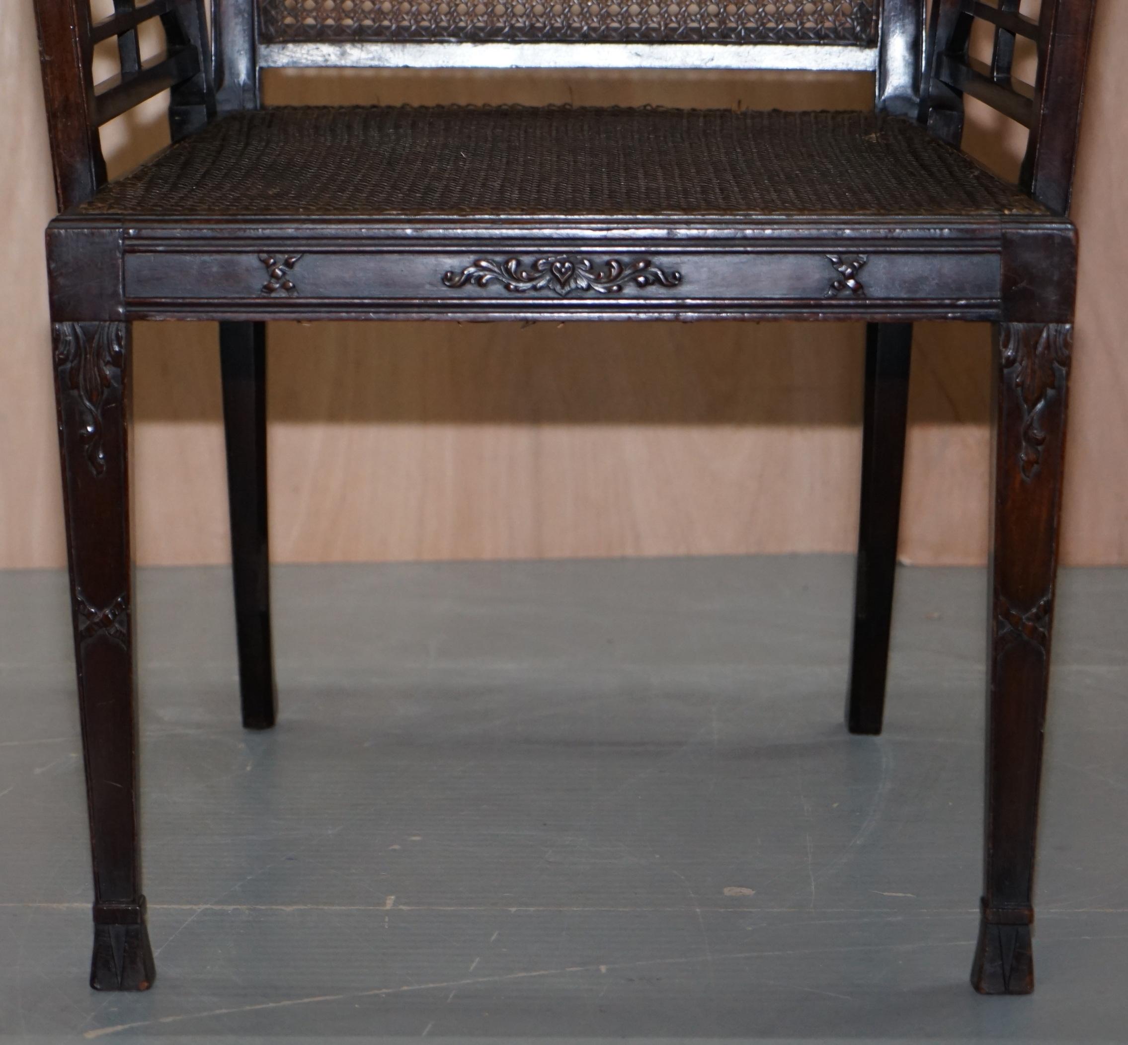 19th Century Chinese Chippendale Bergère Armchair Carved Fretwork Detailed Frame 7