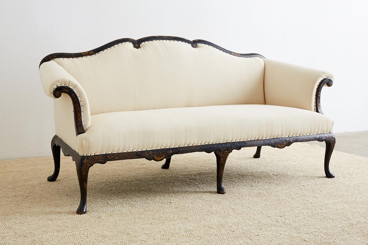 English 19th Century Chinese Chippendale Black Lacquer Chinoiserie Sofa