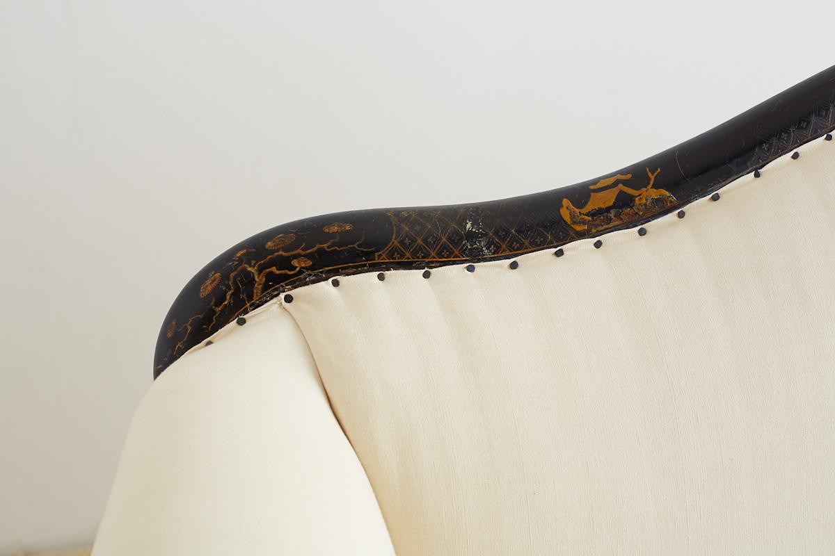 19th Century Chinese Chippendale Black Lacquer Chinoiserie Sofa In Good Condition In Rio Vista, CA