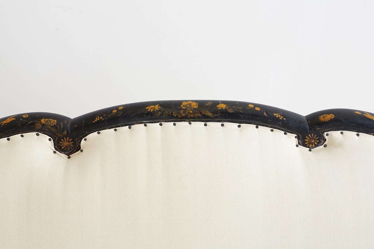 19th Century Chinese Chippendale Black Lacquer Chinoiserie Sofa 3