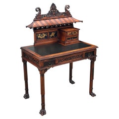 19th Century Chinese Chippendale Carved Pagoda Top Writing Table