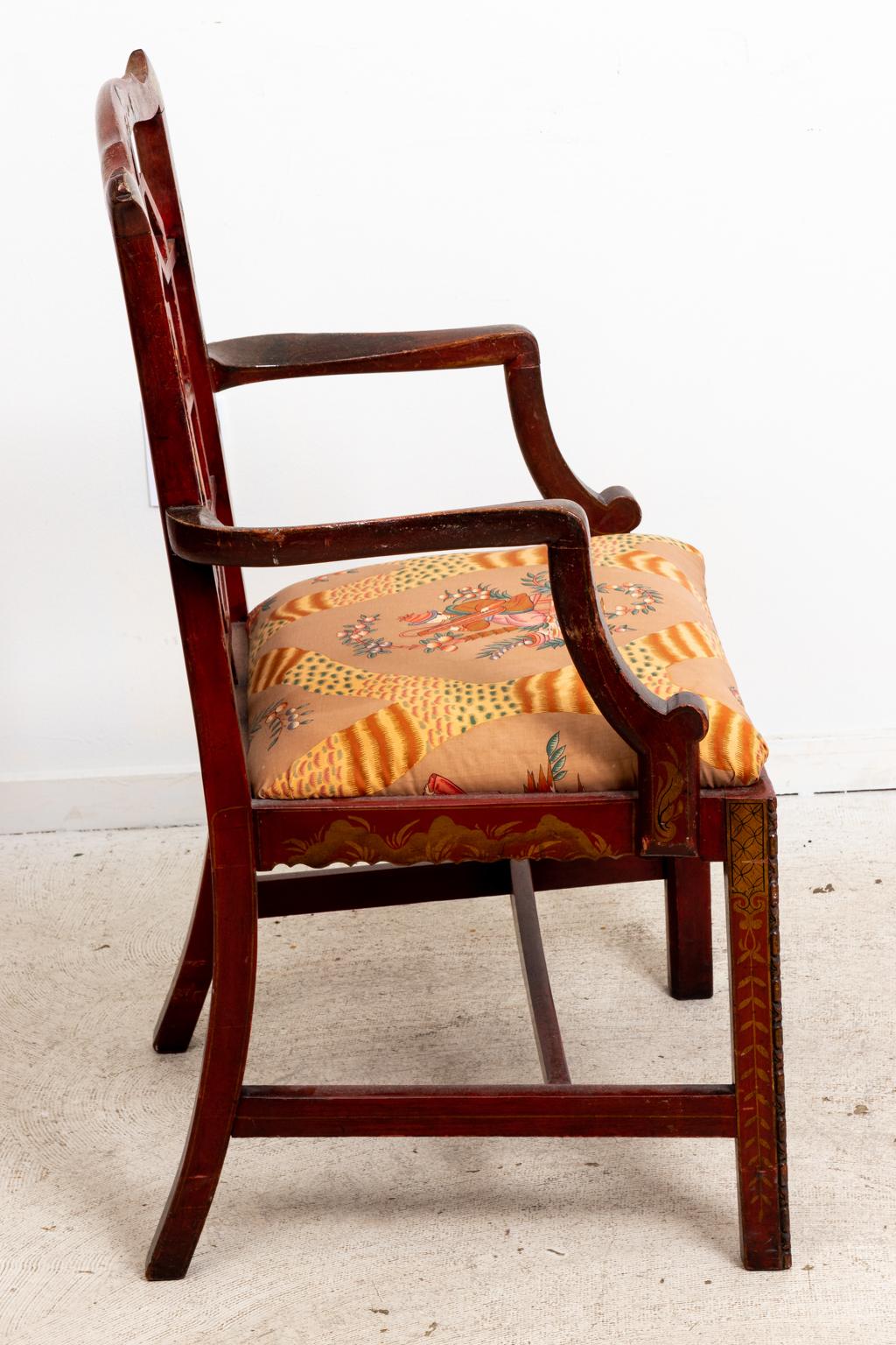 Upholstery 19th Century Chinese Chippendale Style Armchair For Sale