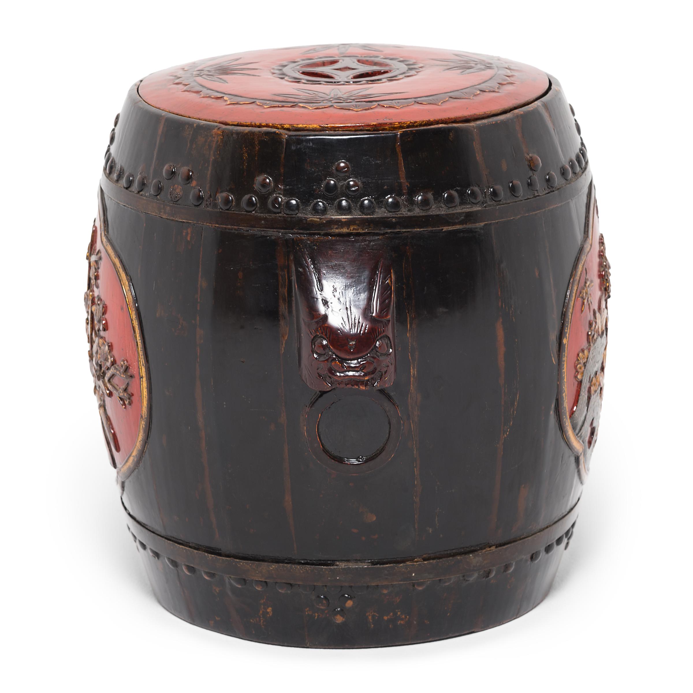 Carved Chinese Painted Drum Stool with Blessings, c. 1850 For Sale