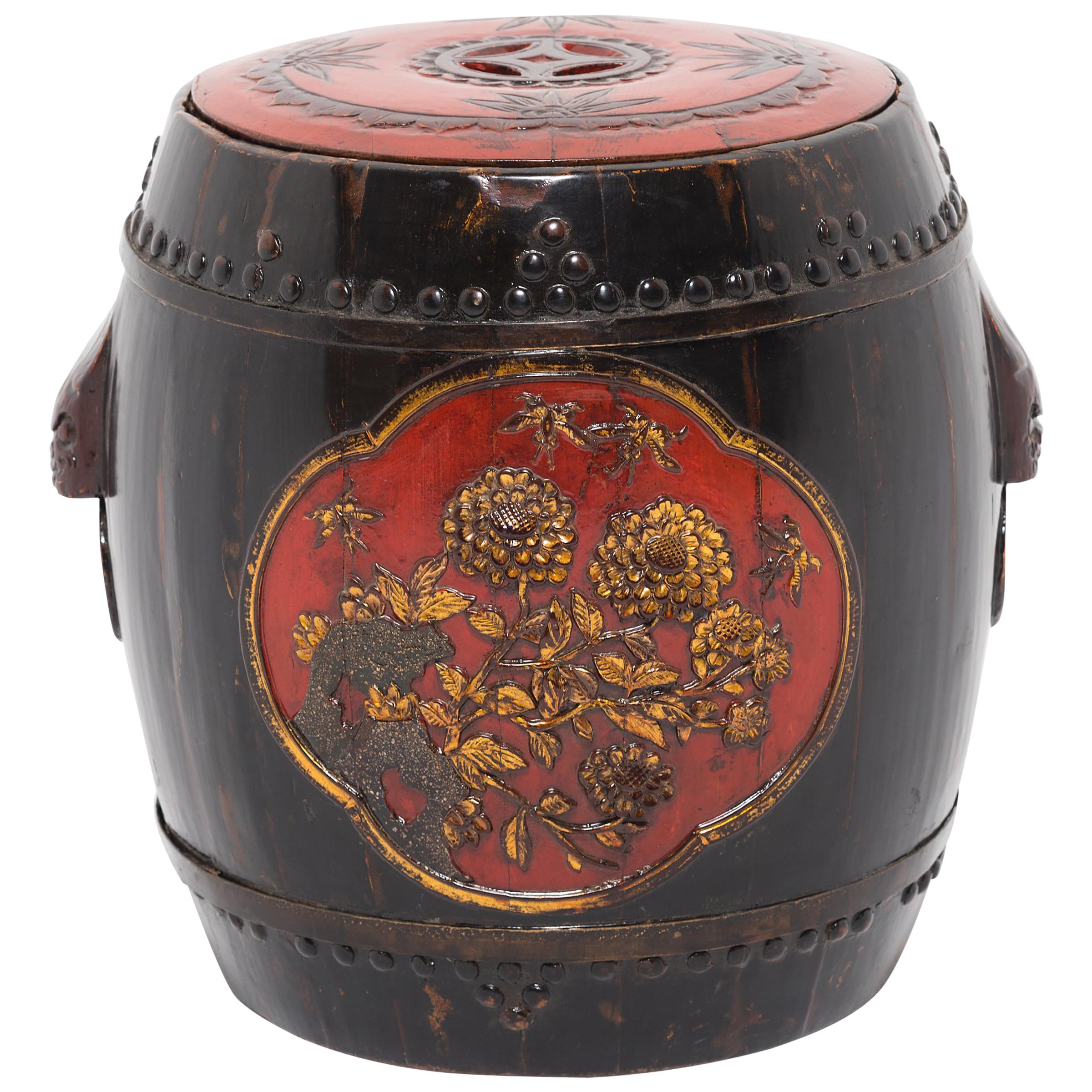 Tabouret tambour peint chinois avec bleus, vers 1850