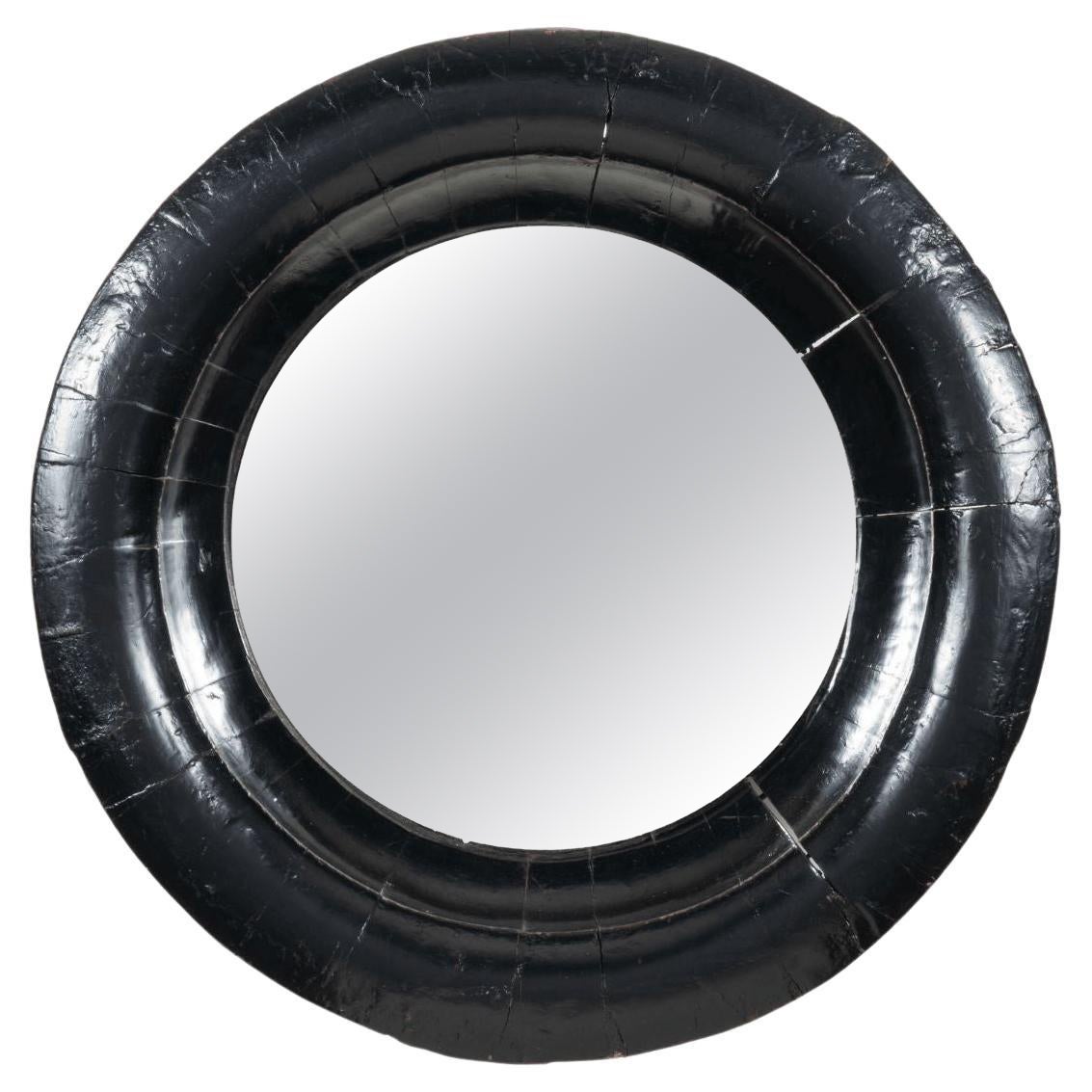 19th Century Chinese Circular Black Lacquered Basin Fitted with Mirror