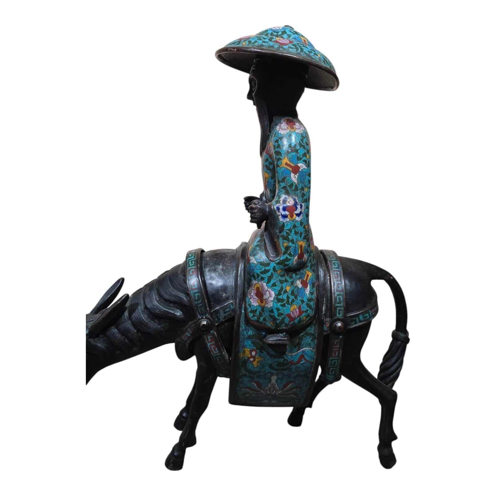 Qing Sculpture chinoise en cloisonné et bronze du 19e siècle représentant un paysan sur un âne en vente
